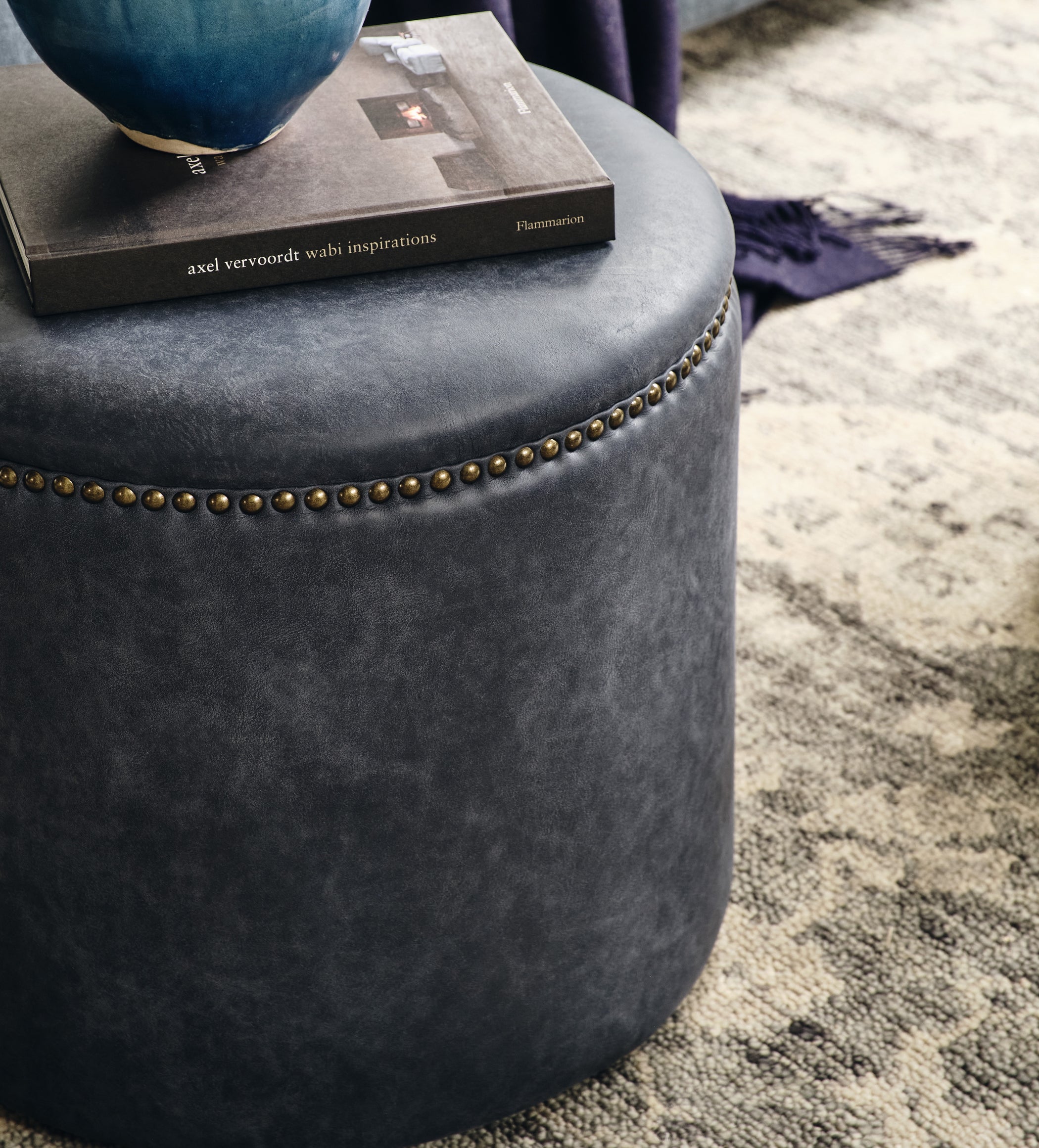 Costellini Leather Ottoman - Smoke Blue