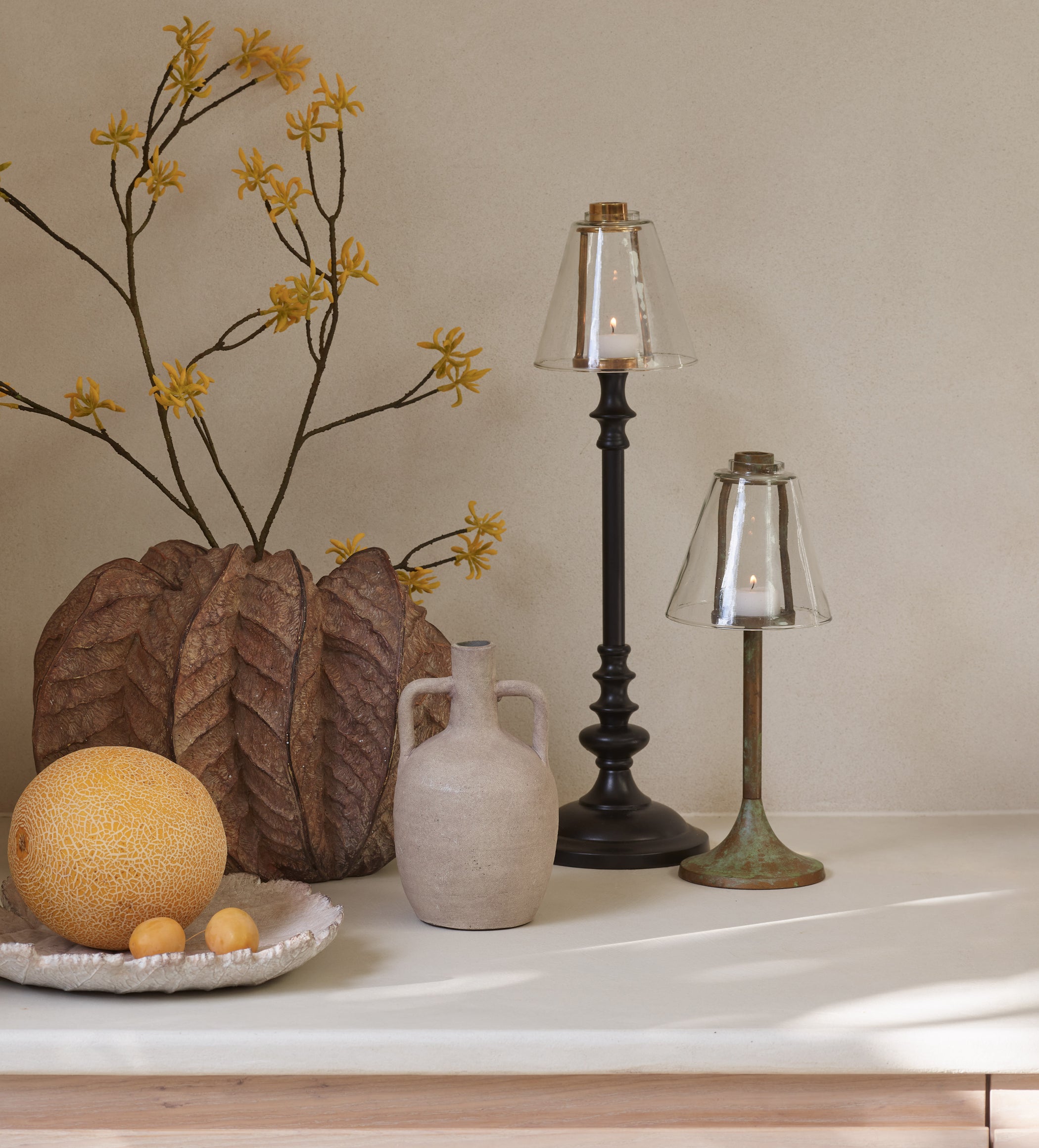 Foundry Candle Holder with Glass Lampshade - Verdigris