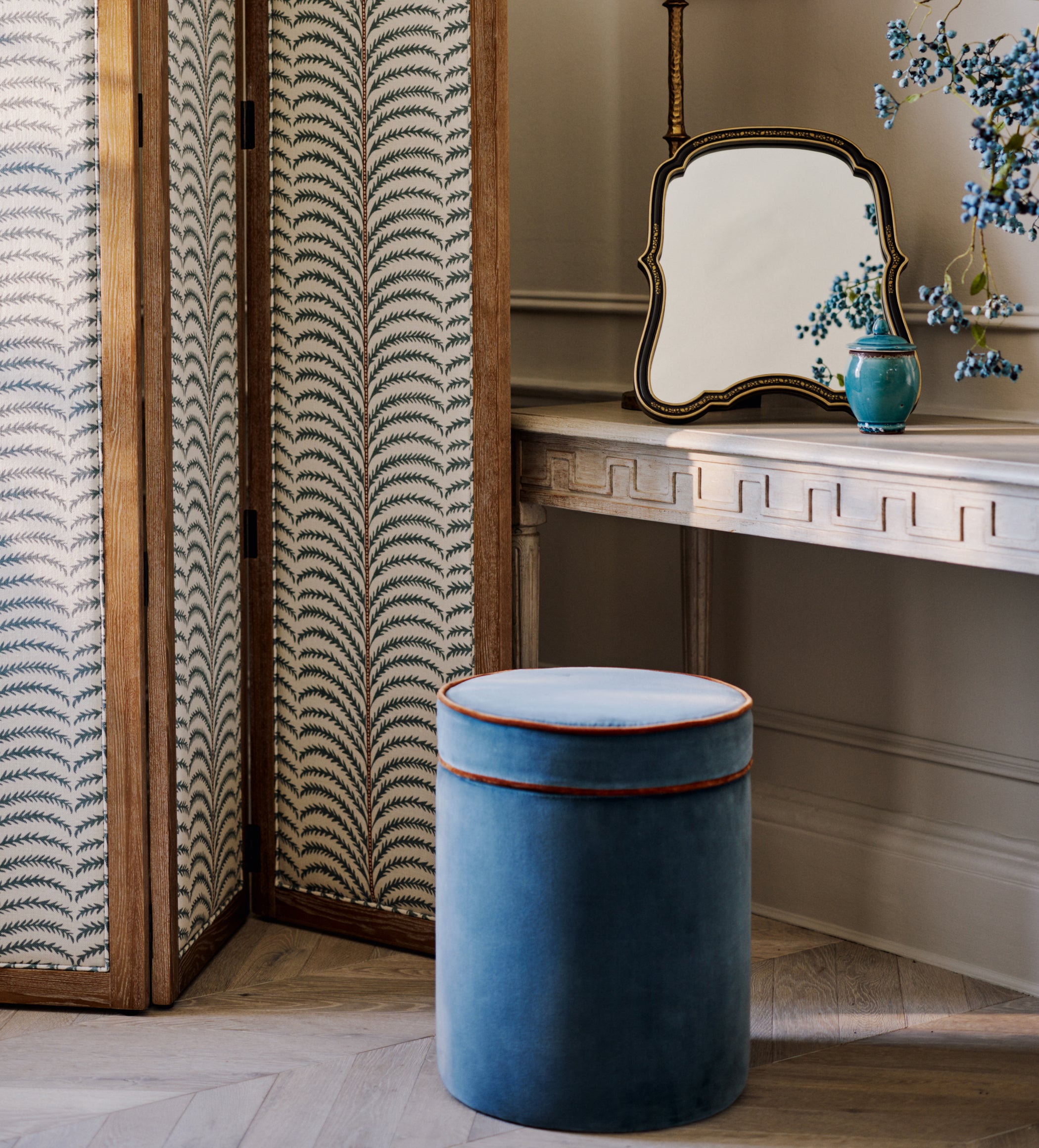 Samena Velvet Ottoman - Air Force Blue/Dirty Orange