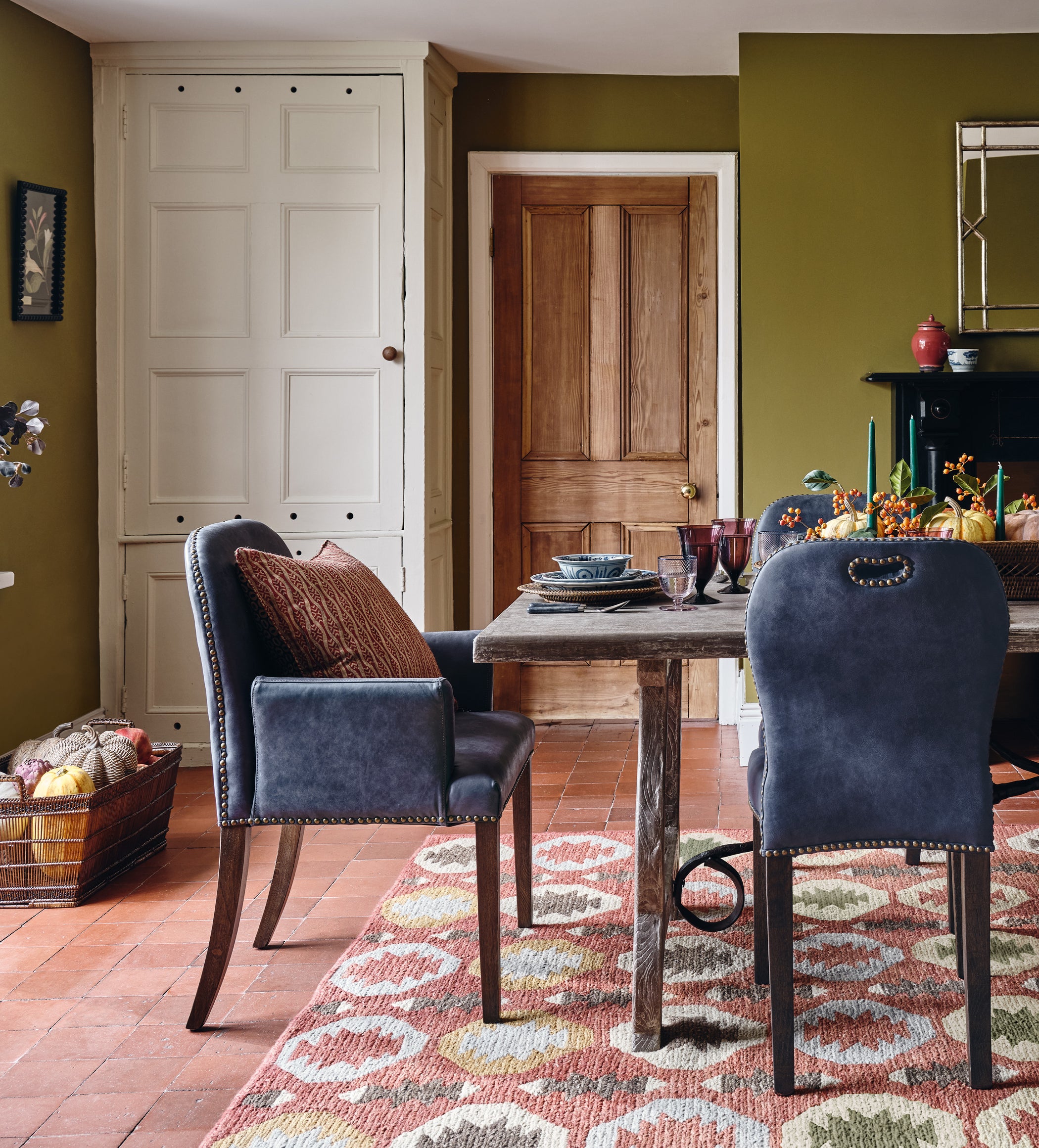 Stafford Leather Dining Chair with Arms - Smoke Blue
