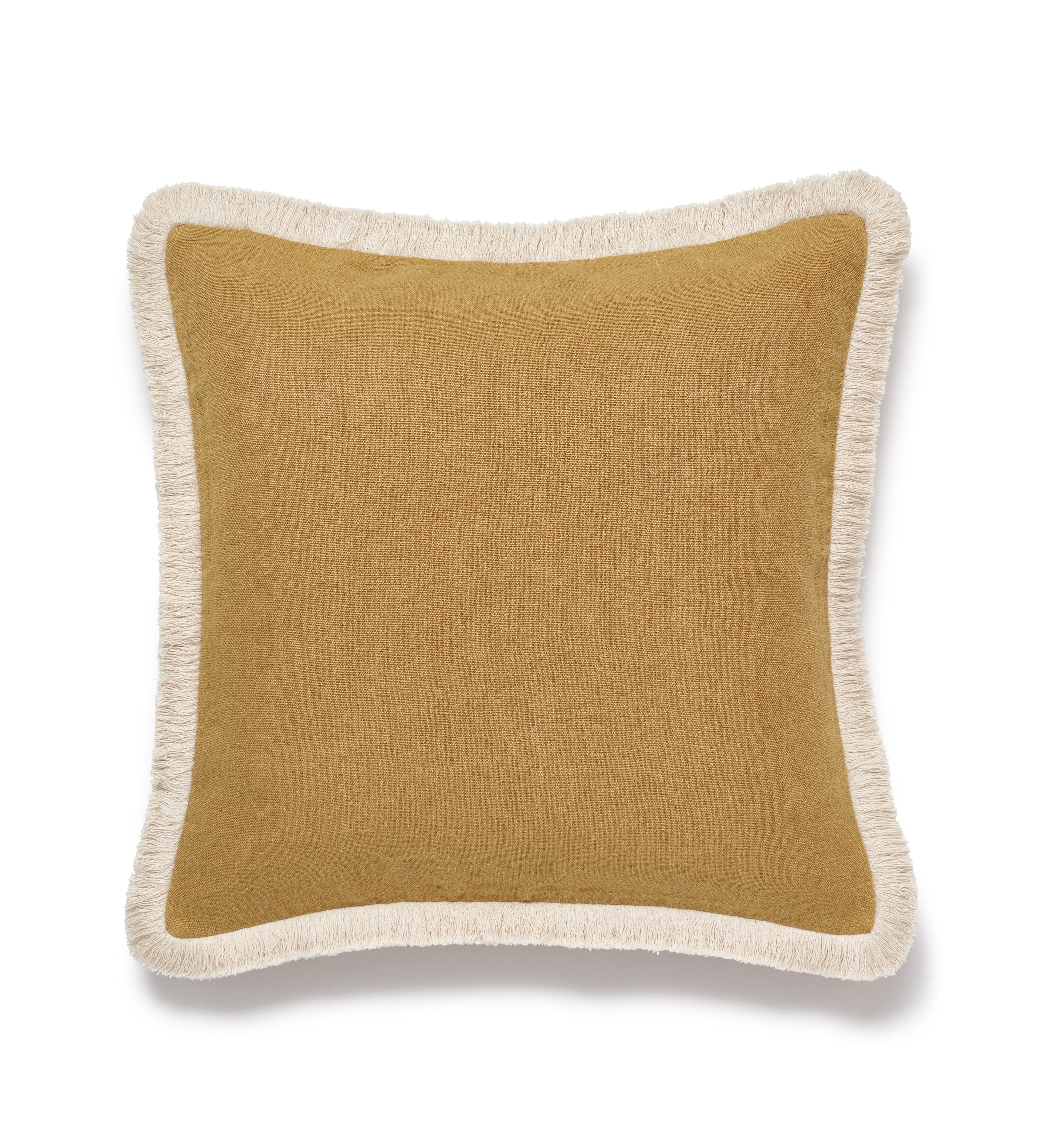 Stonewashed Linen Cushion Cover with Fringing Ochre Yellow OKA
