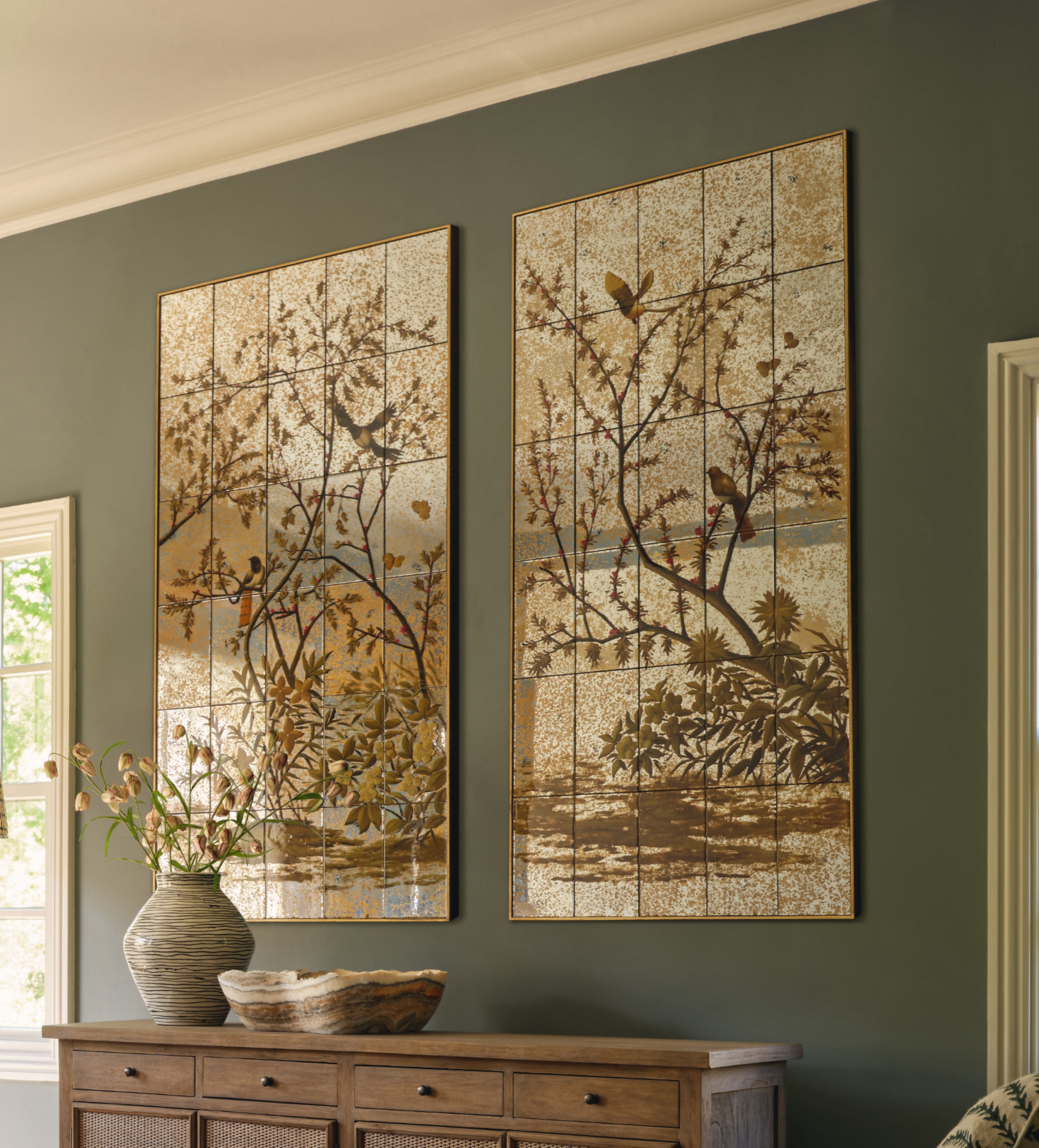 Phaethon Mirrored Wall Art Panels Pair - Antique Gold