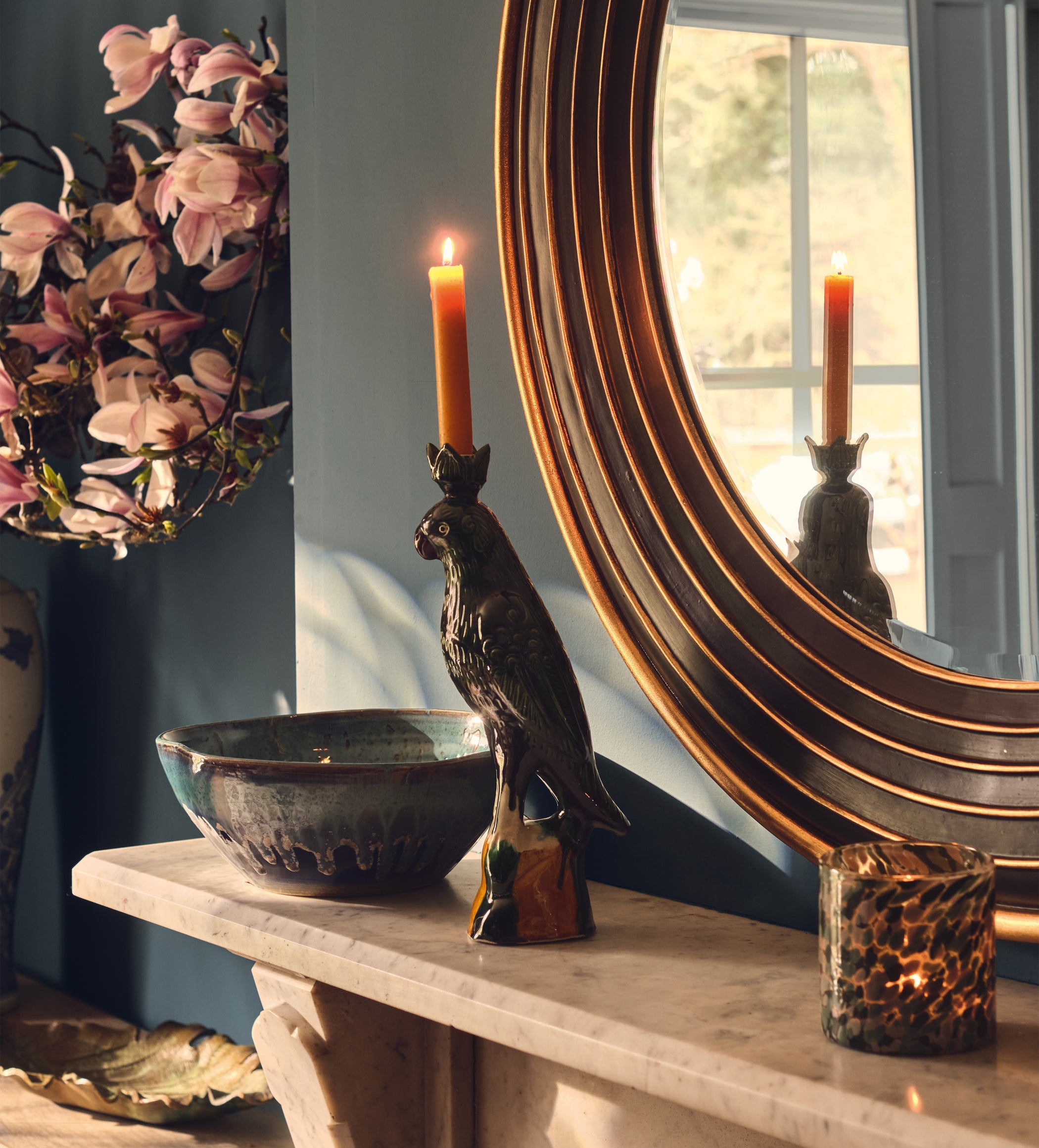 Althea Ceramic Parrot Candle Holder - Dark Green