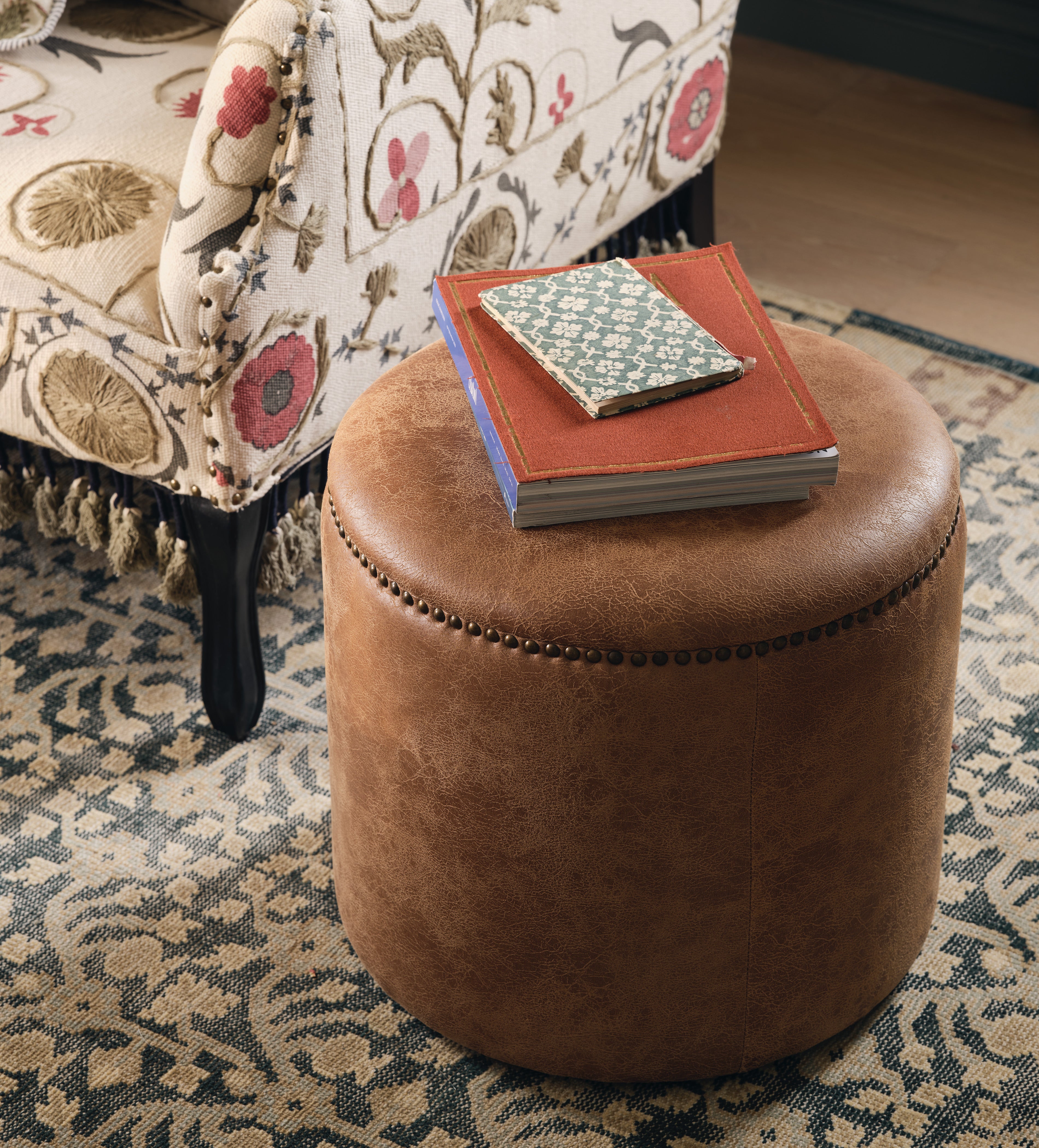 Costellini Leather Ottoman - Aged Tobacco Brown | OKA