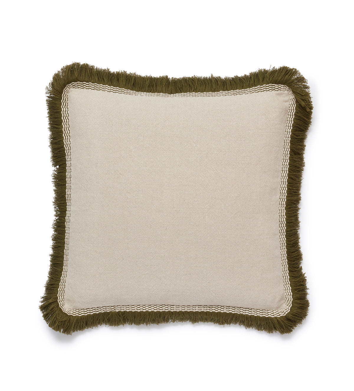 Elspeth Cushion Cover with Fringing - Natural/Green | OKA