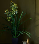 Faux Cymbidium Orchid with Narrow Vase - Green