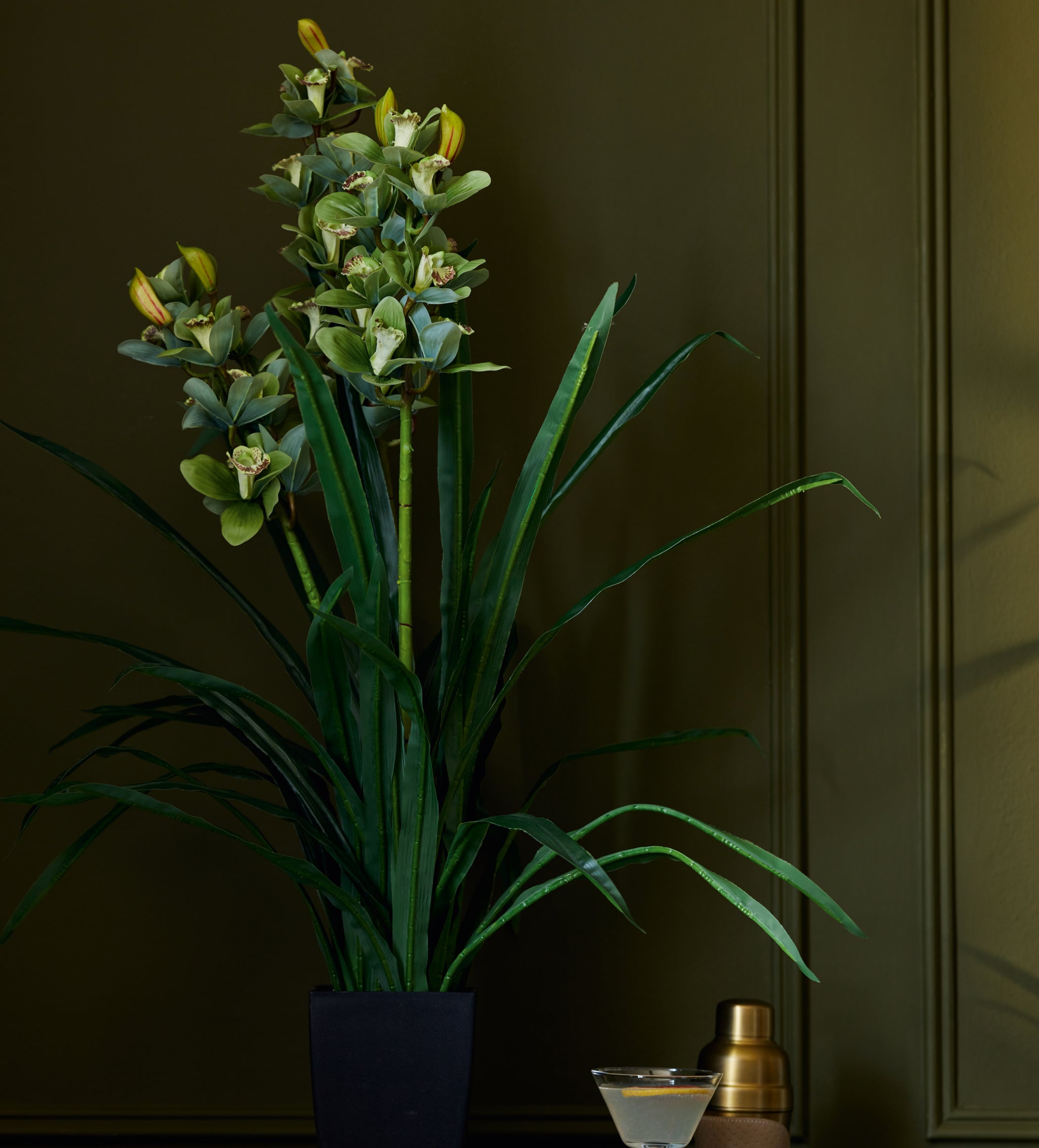 Faux Cymbidium Orchid with Narrow Vase - Green