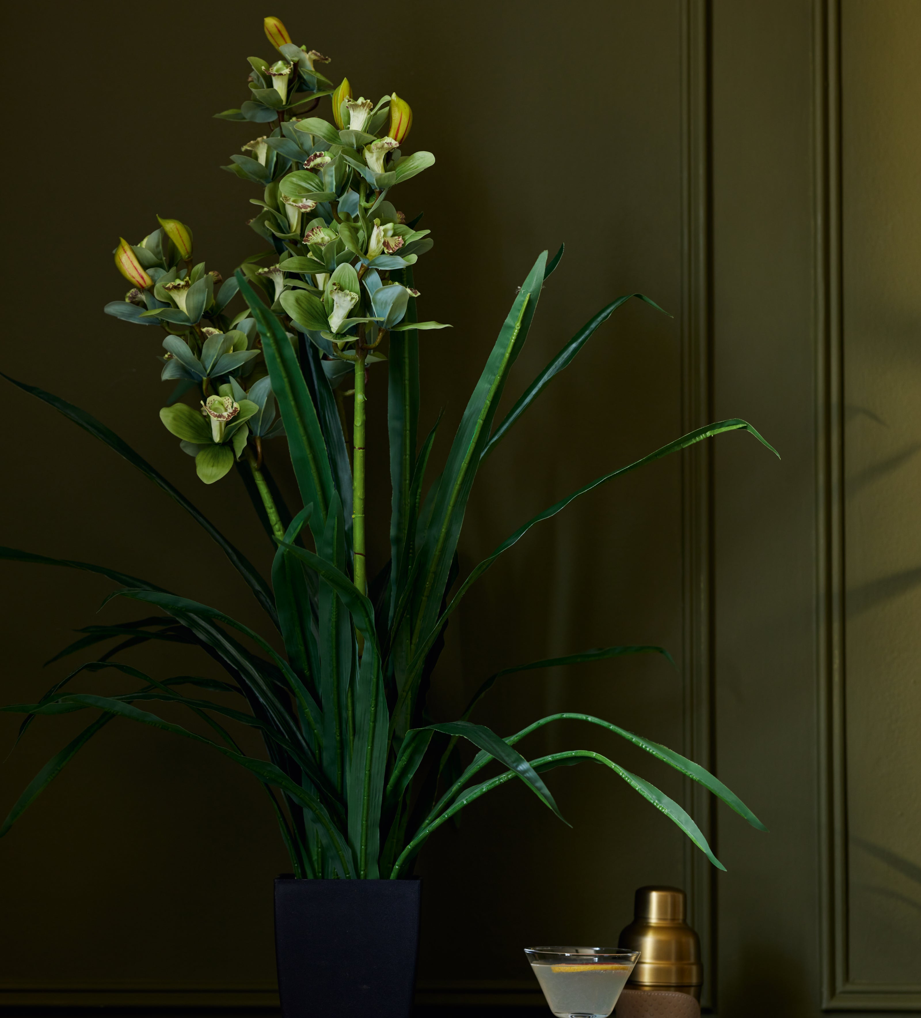 Faux Cymbidium Orchid with Narrow Vase - Green