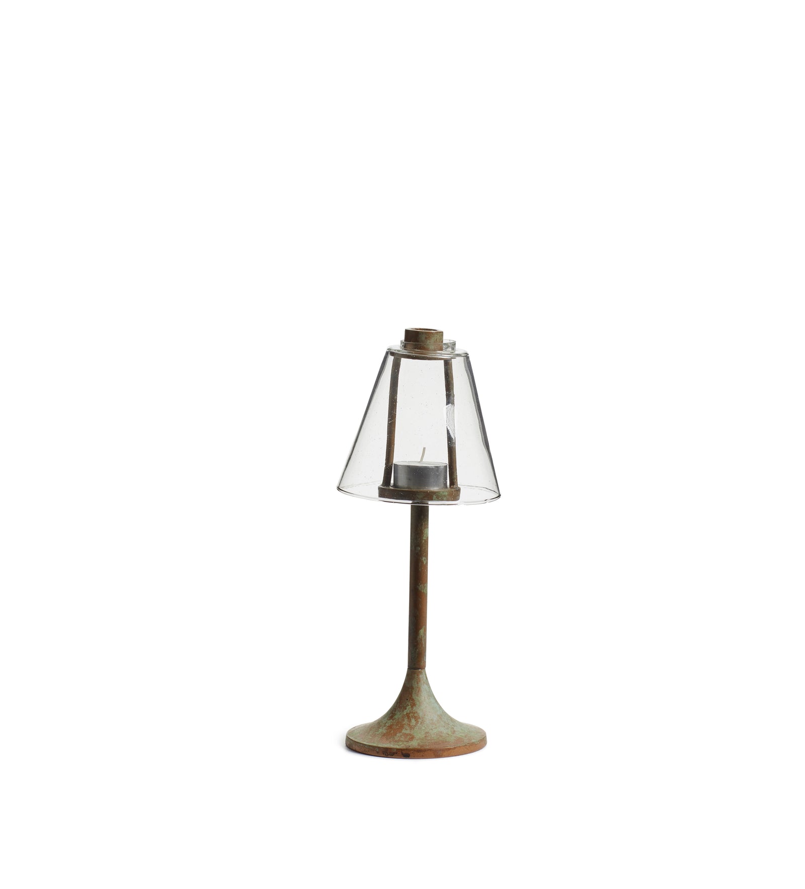 Foundry Candle Holder with Glass Lampshade - Verdigris