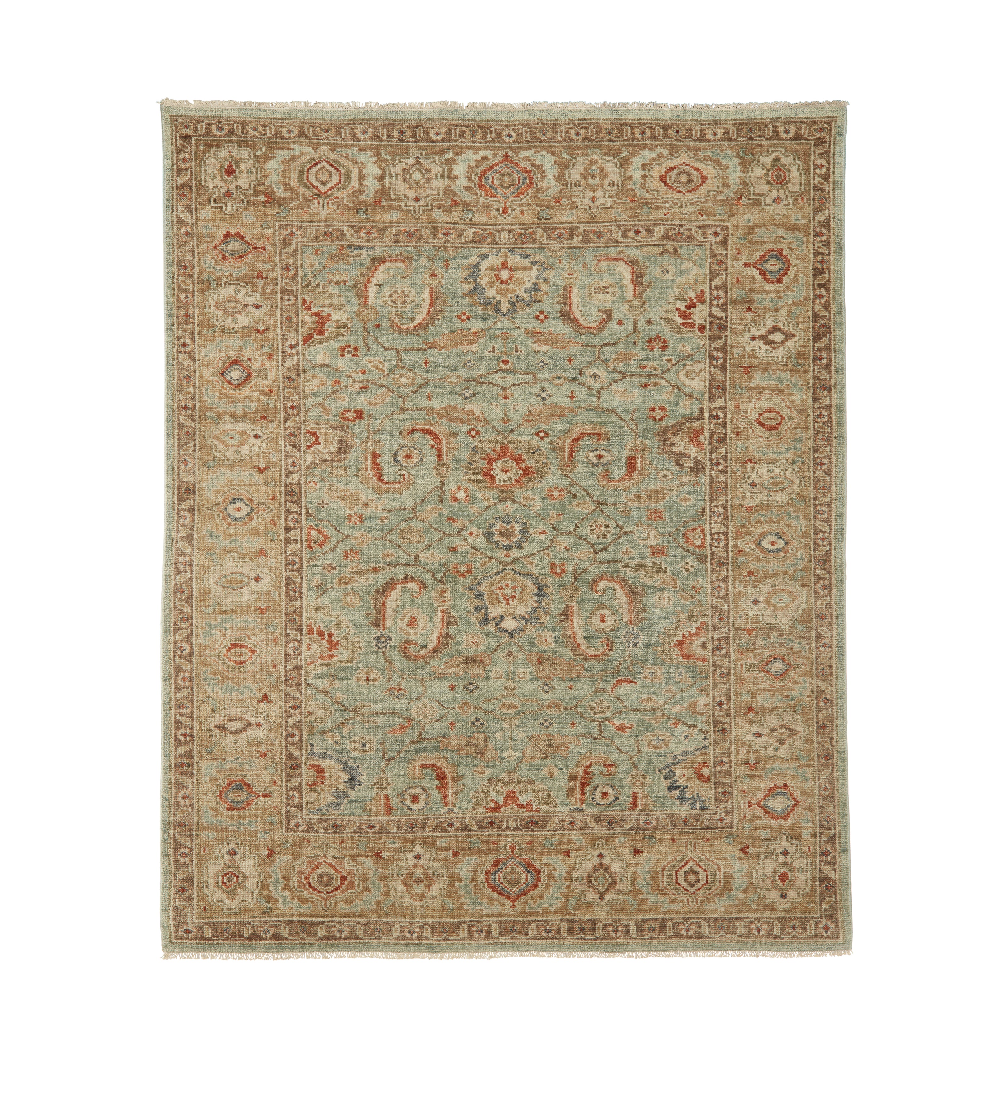 Wool Handknotted Rug - Light Green/Camel