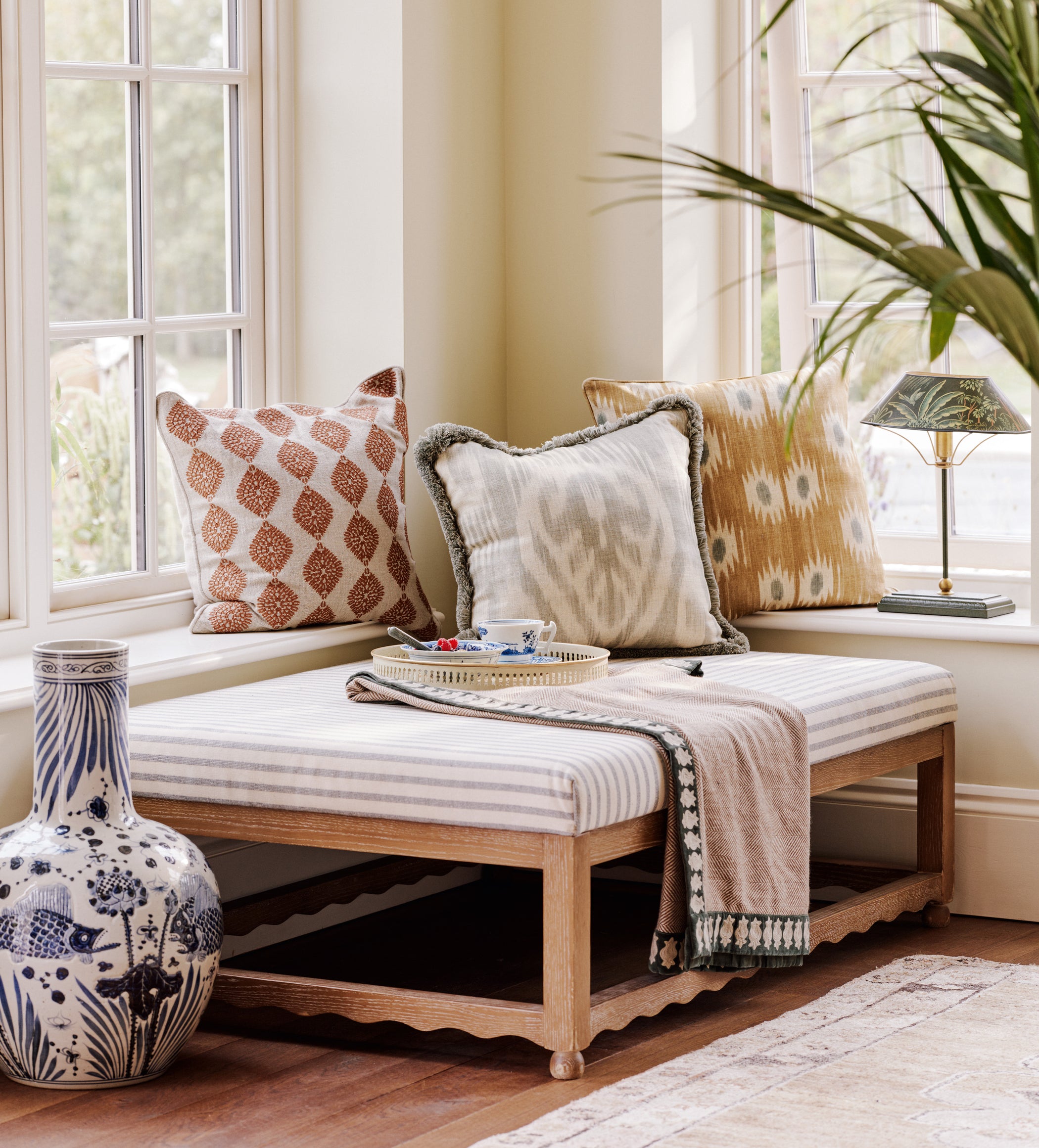 Kerensa Linen Ottoman - Burnt Oak/Sapphire