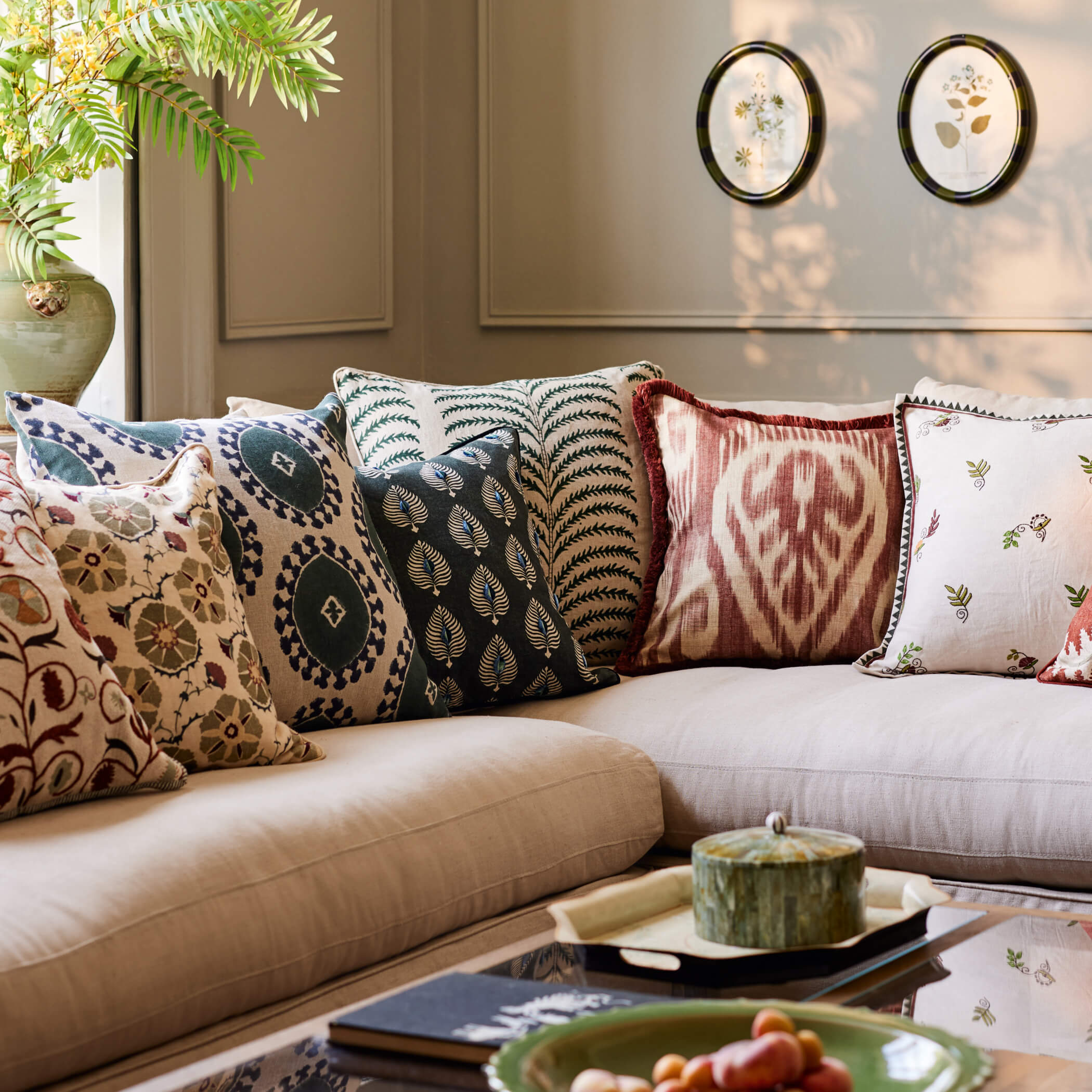 Wilde Cushion Cover - Sage Green/Terracotta Red | OKA