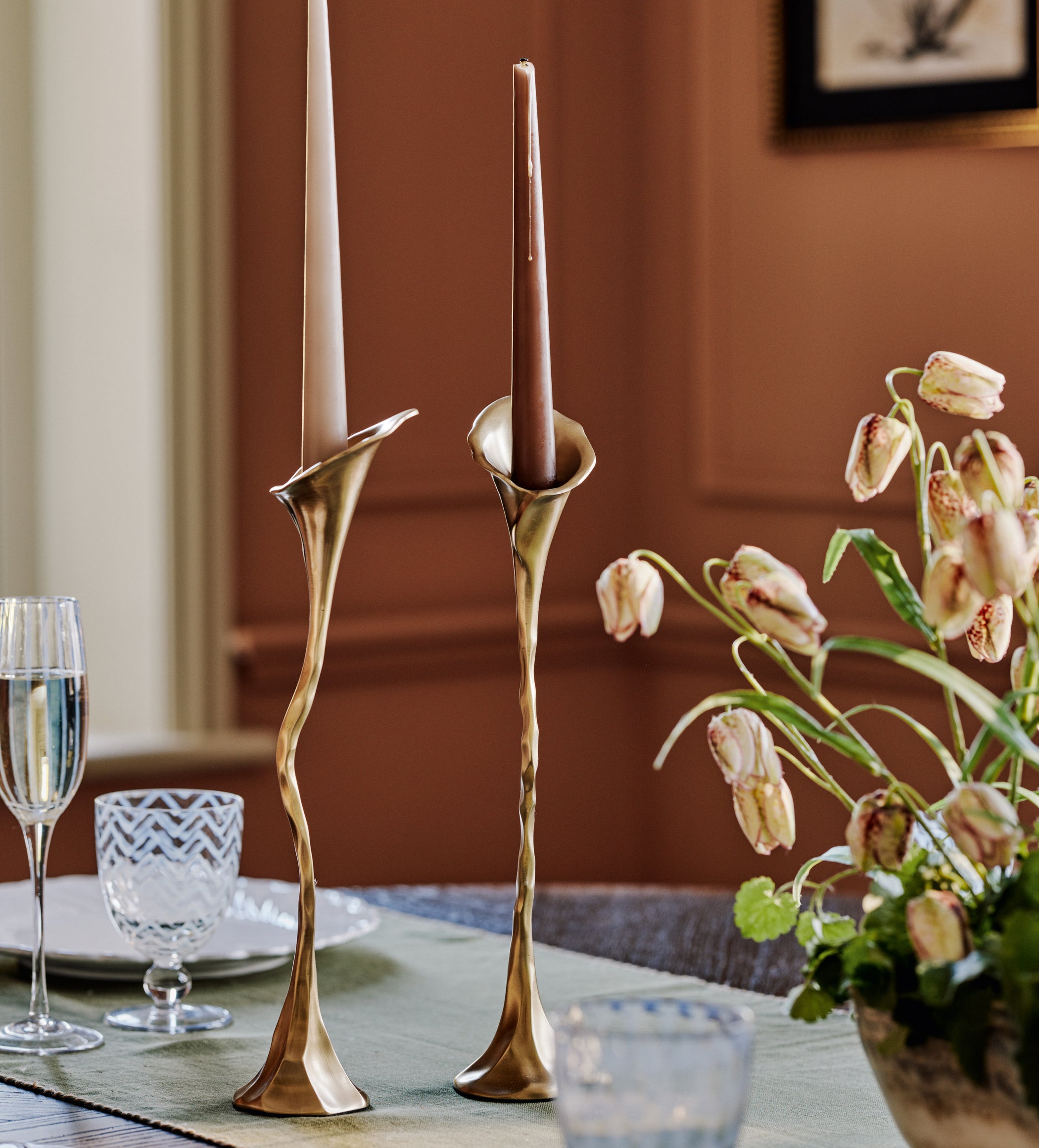 Ninfea Candle Holders Pair - Antique Brass