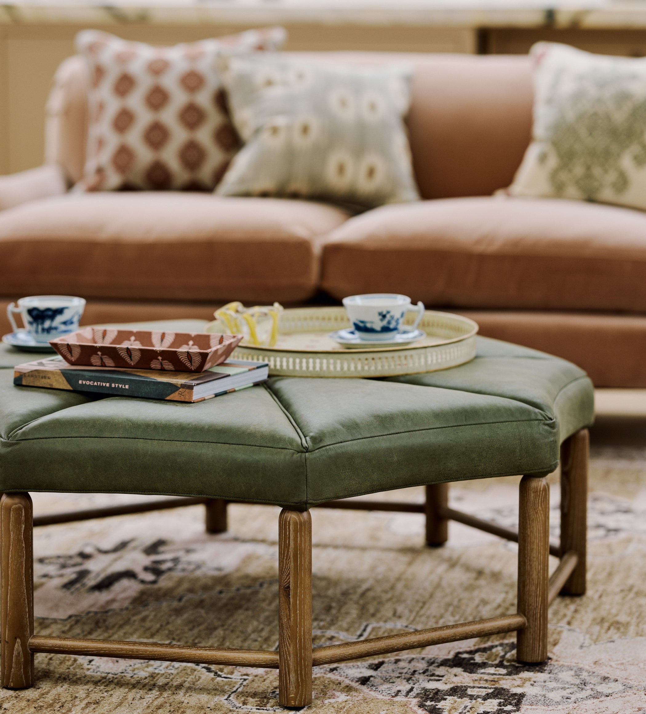 Ottagono Leather Ottoman - Spruce