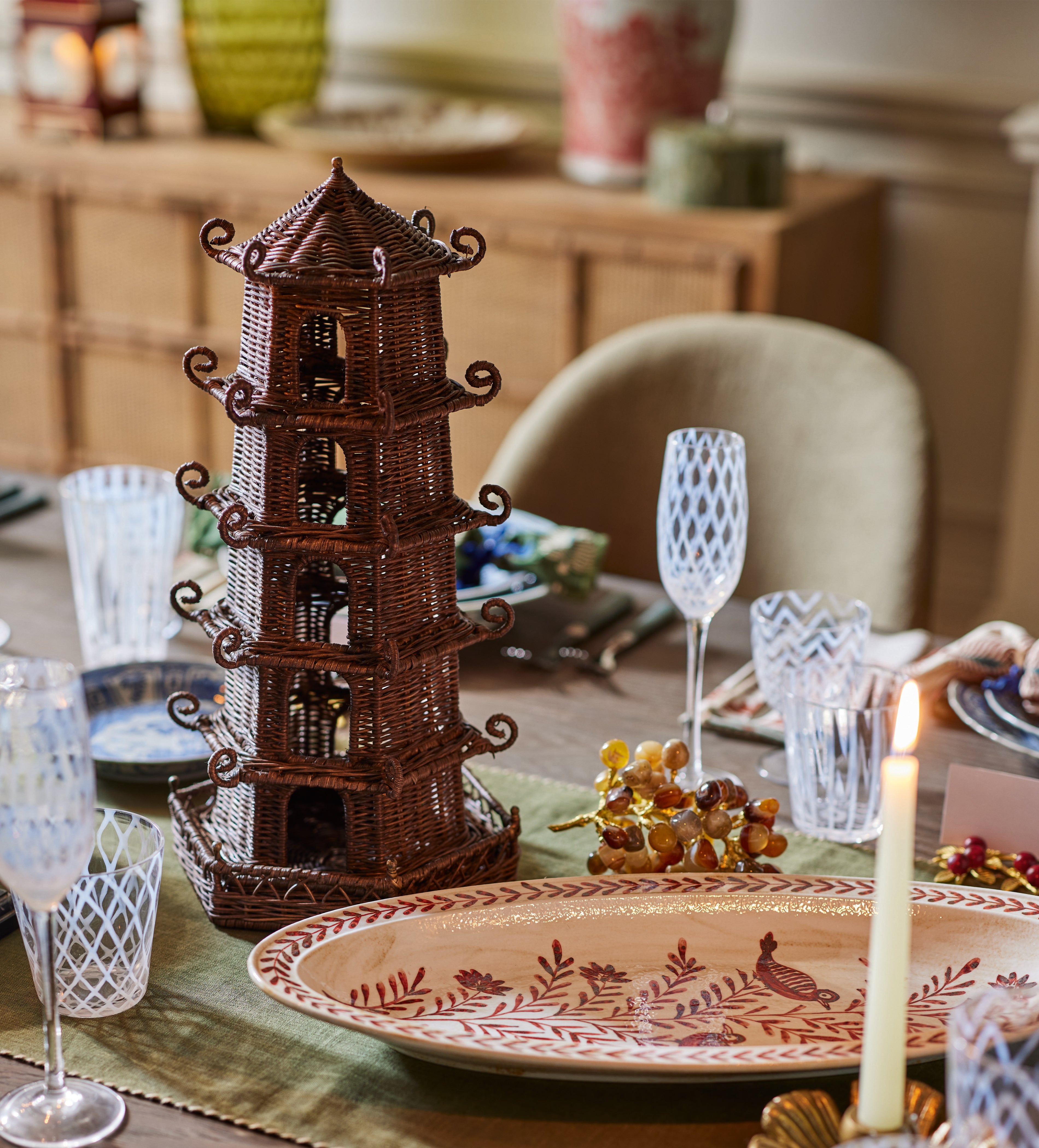 Rattan Pagoda Lantern - Antique Brown | OKA