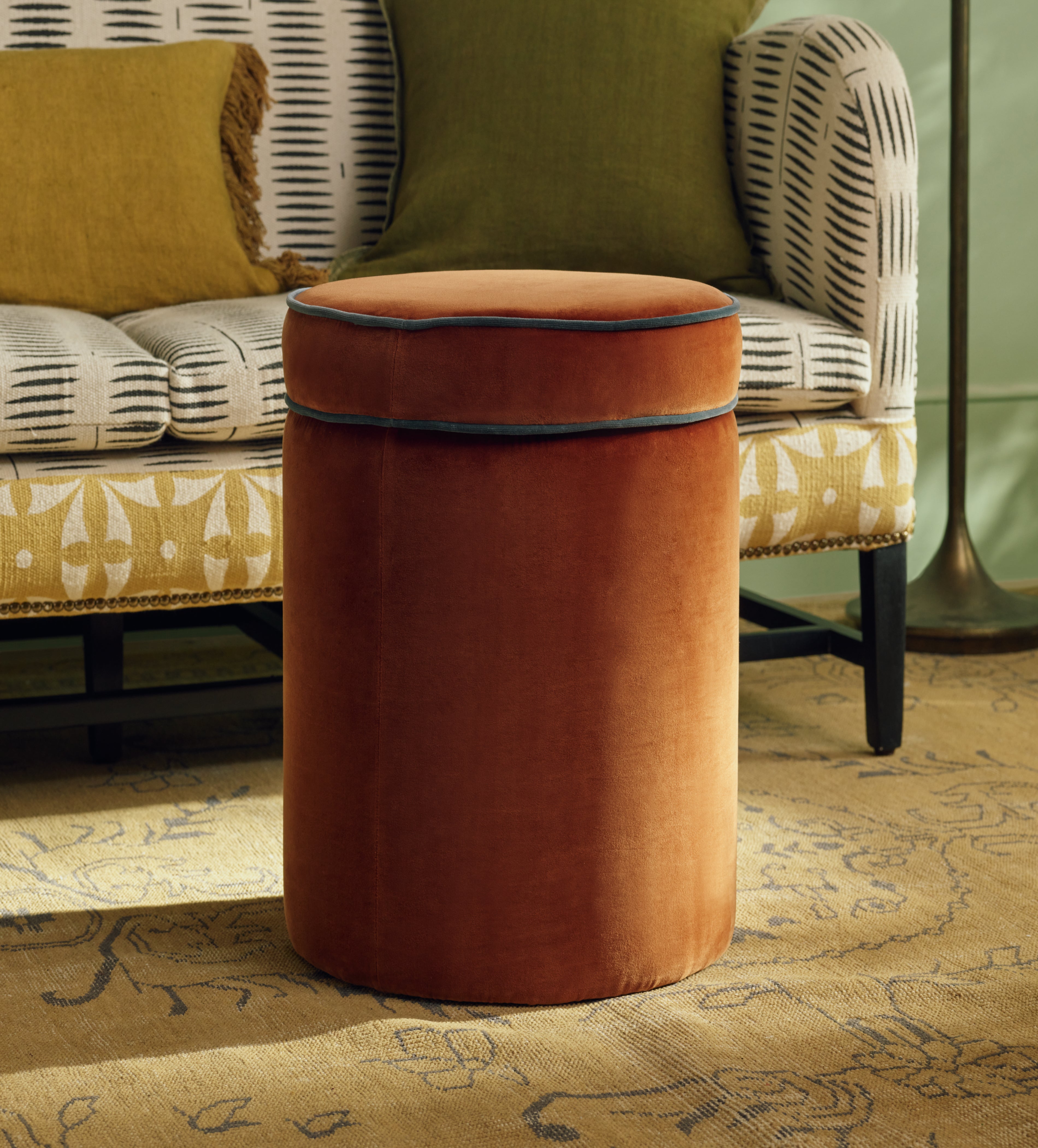 Samena Velvet Ottoman - Dirty Orange | OKA