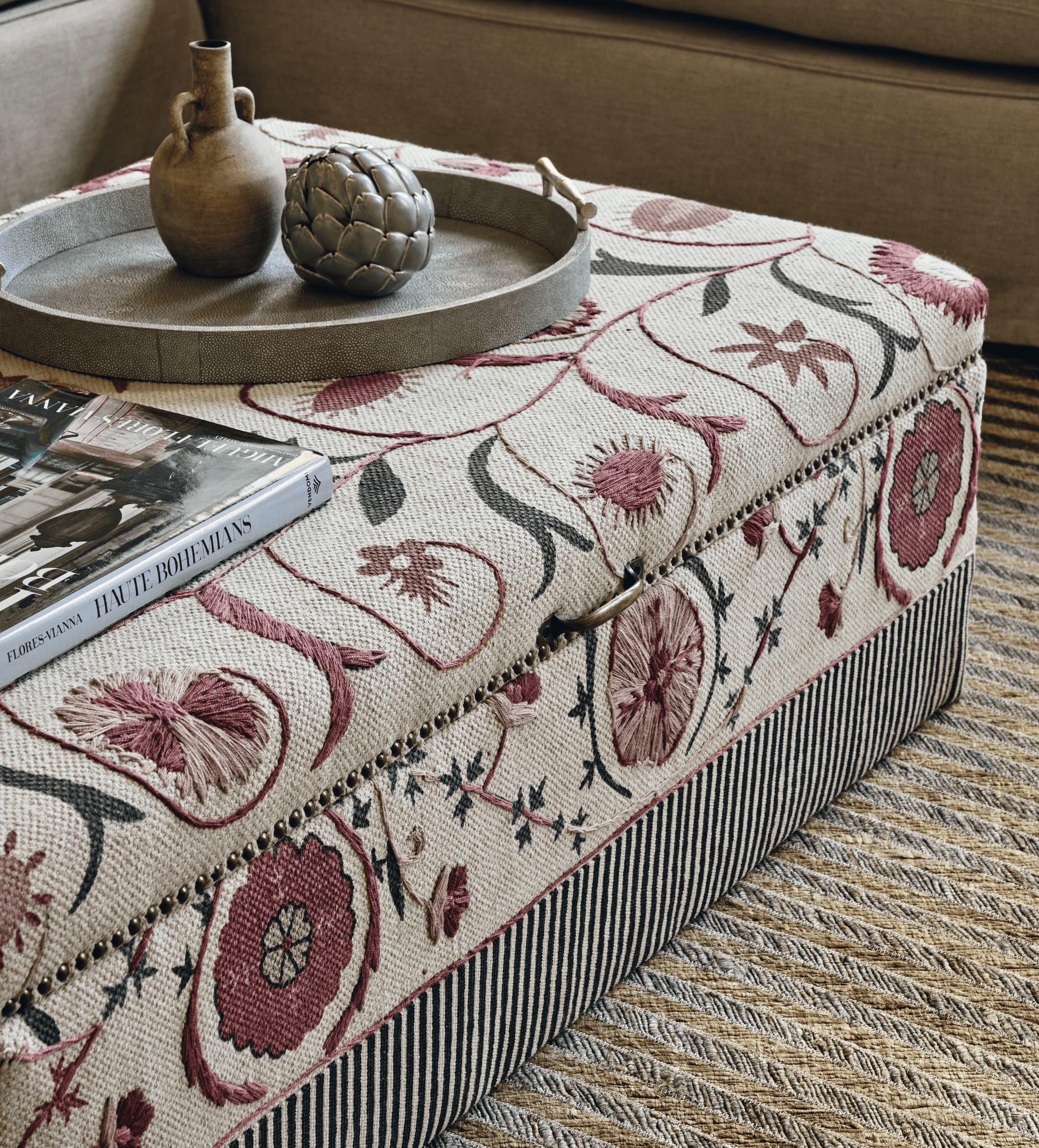 Sheki Upholstered Ottoman - Charcoal/Venetian Red