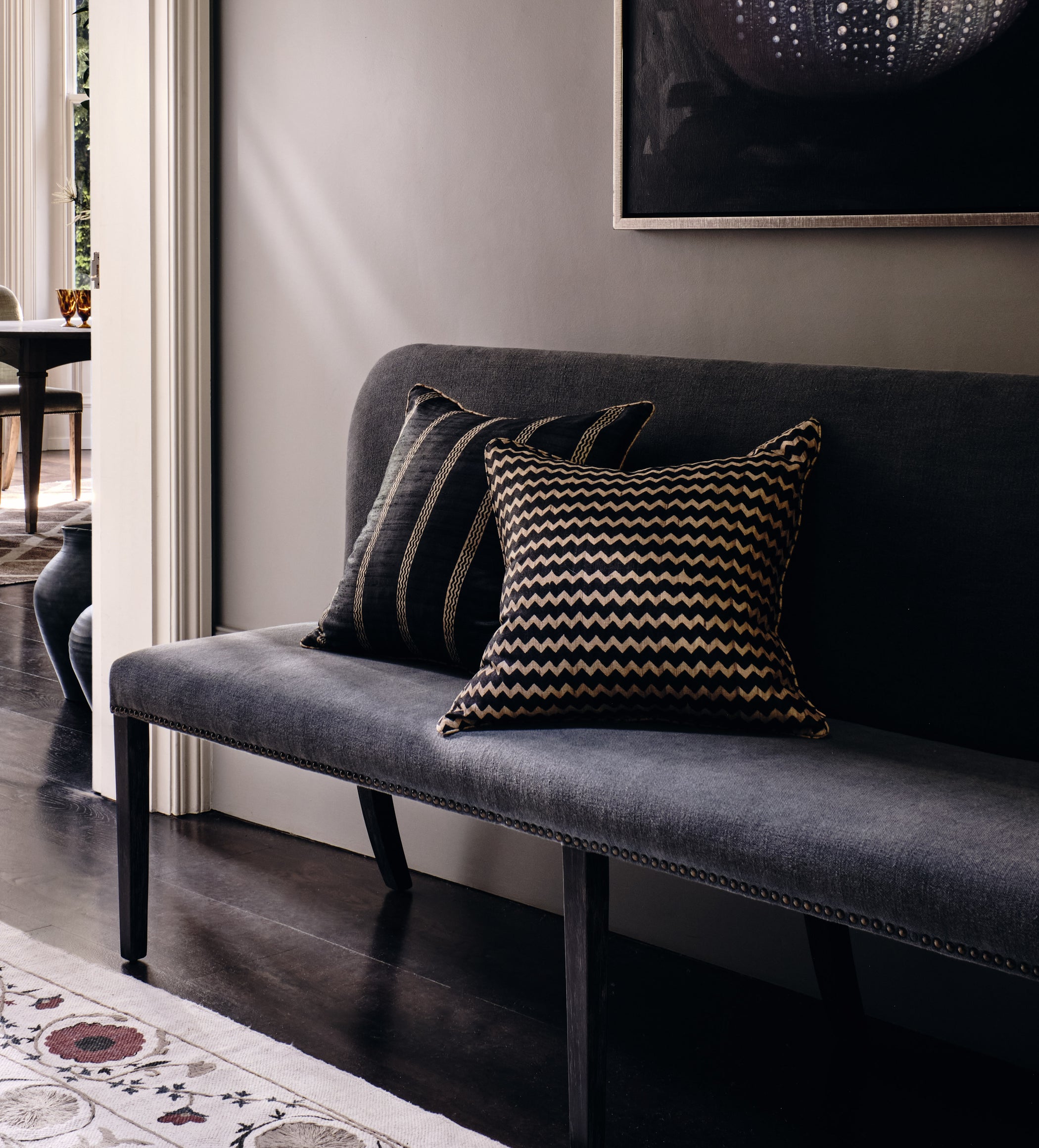 Stafford Leather Dining Bench - Smoke Blue