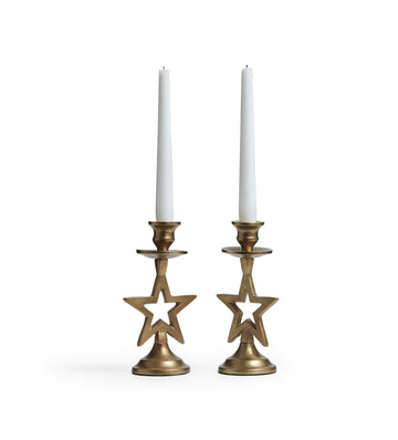 Star Candle Holders Pair - Antique Brass