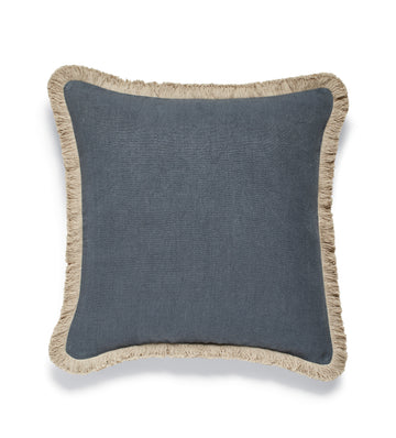 Stonewashed Linen Cushion Cover with Fringing - Petrol