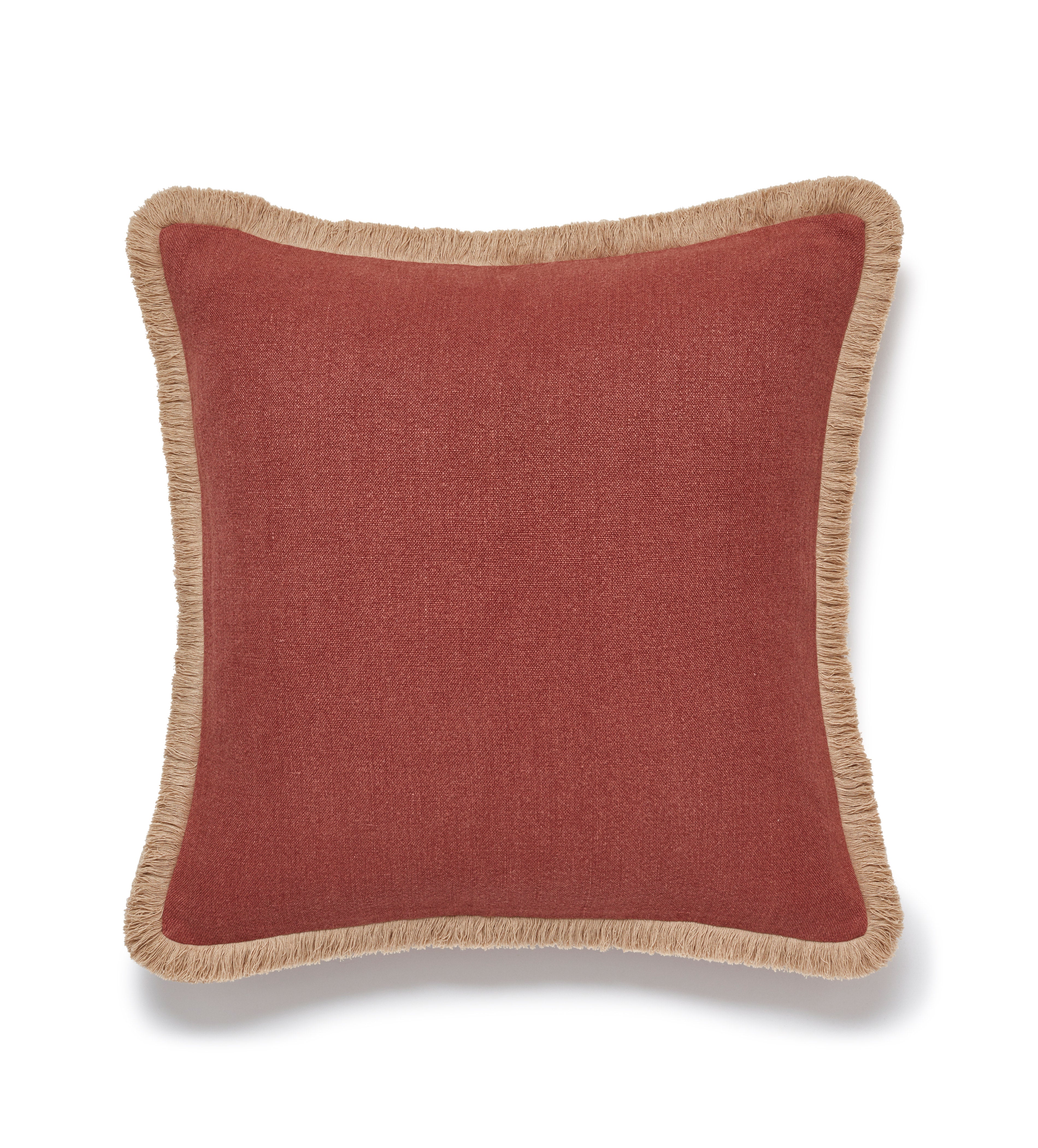 Stonewashed Linen Cushion Cover with Fringing - Terra Red | OKA