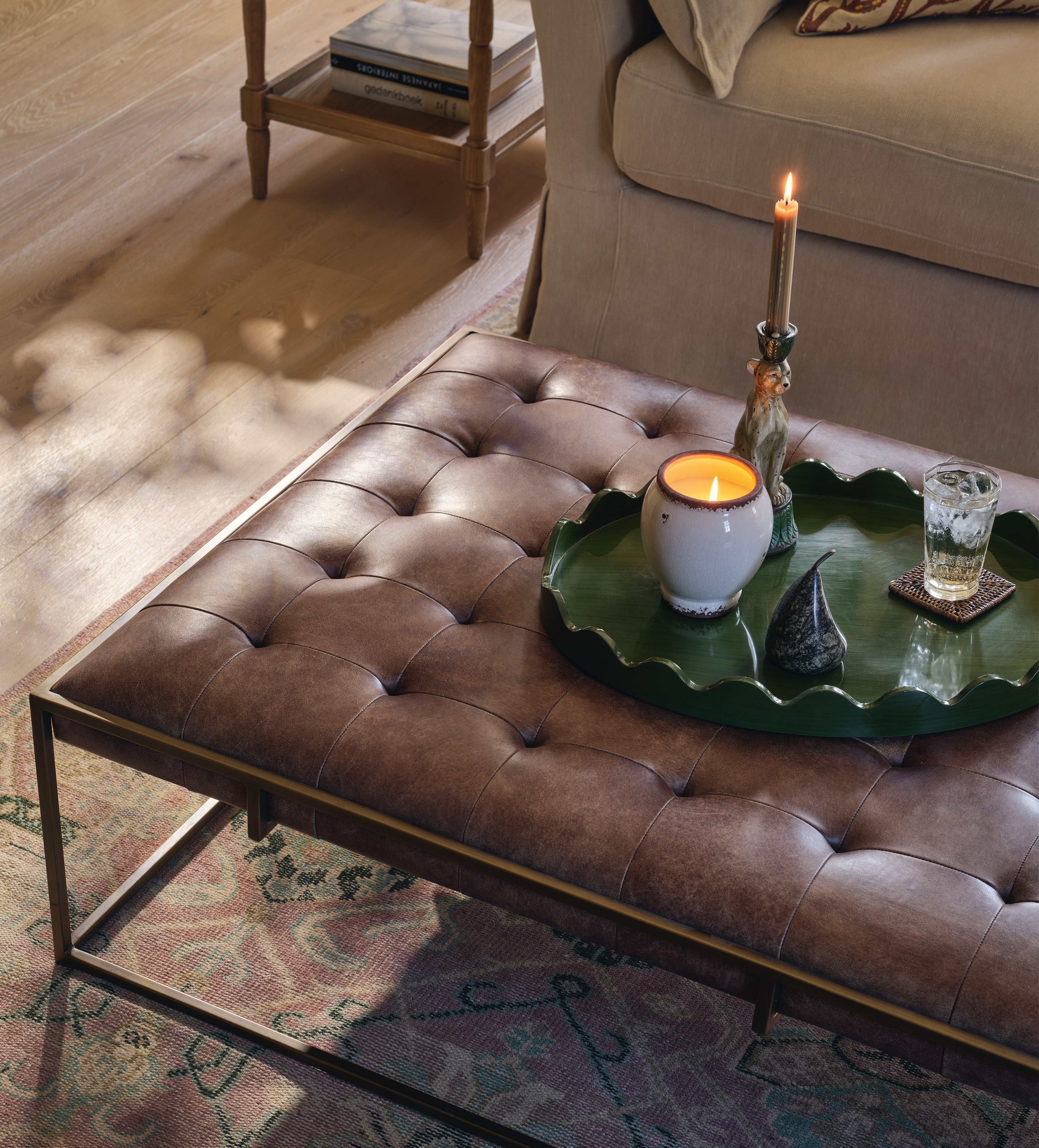 okamasa Wallace Leather Ottoman - Aged Hazelnut | OKA