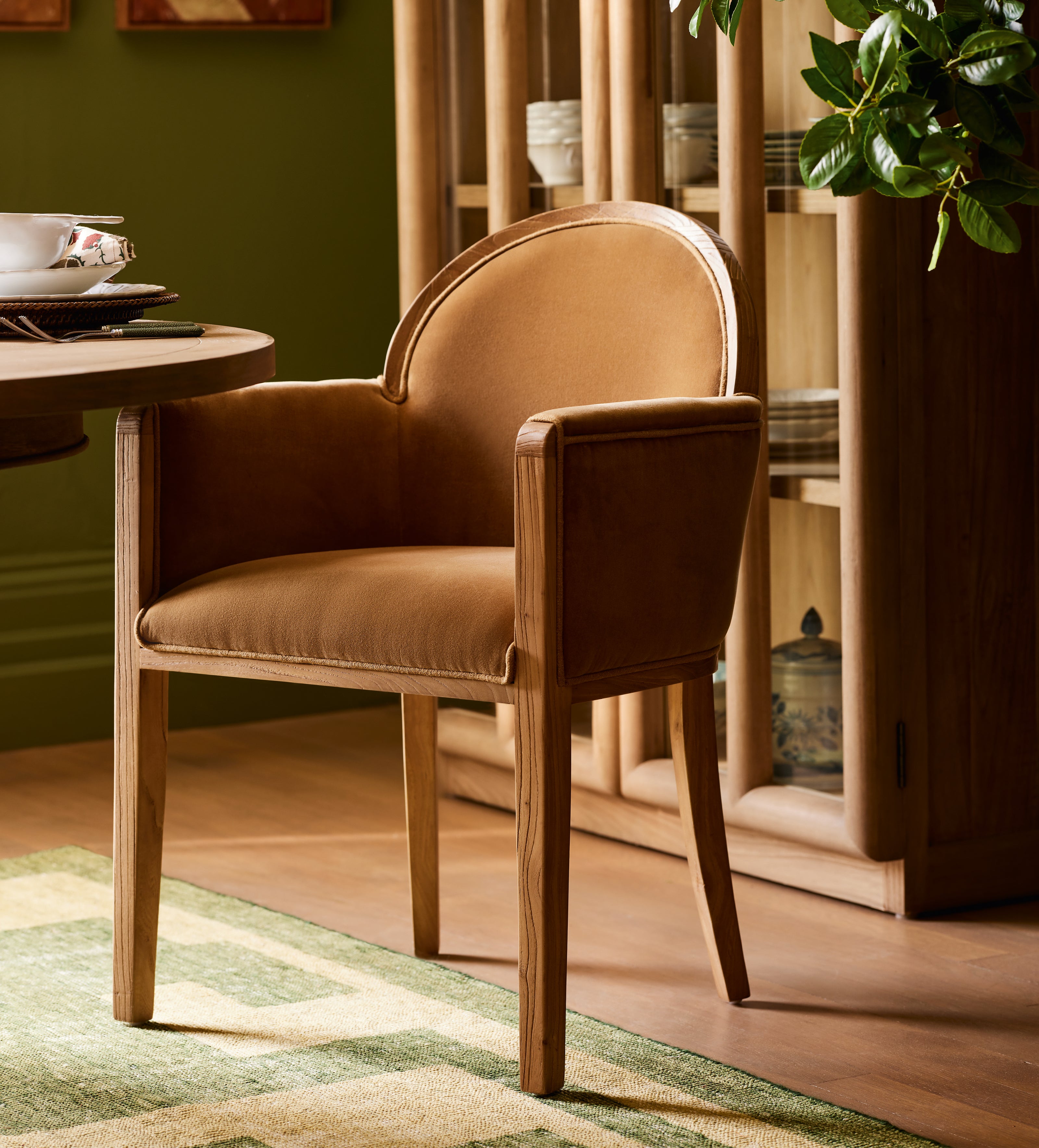 Wilbur Velvet Dining Chair - Dark Weathered Oak/Caramel