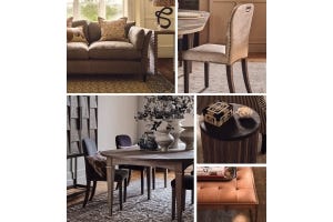 A collage of furniture essentials, including a linen sofa, leather dining chair and wooden dining table.