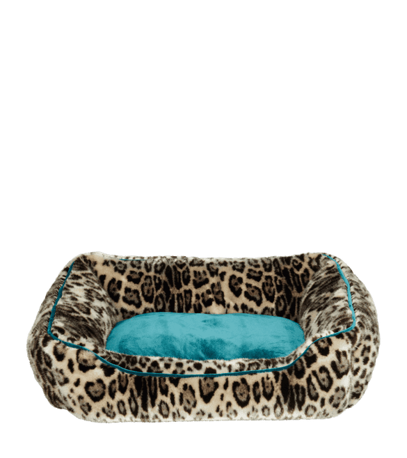 Faux Fur Dog Bed, Large - Leopard/Dark Teal