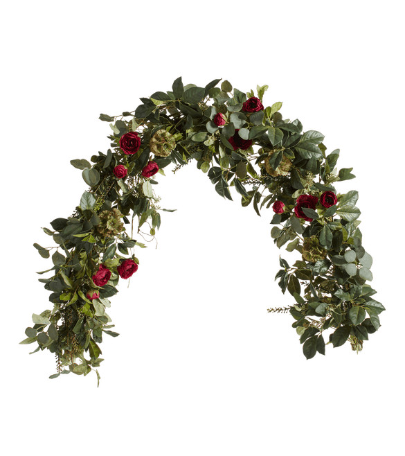 Large Faux Tea Rose and Eucalyptus Garland - Red
