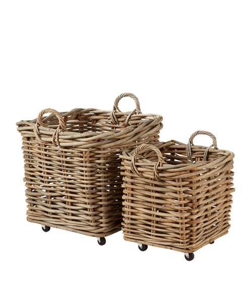 Pair of Patiner Rattan Baskets with Wheels - Stone Grey