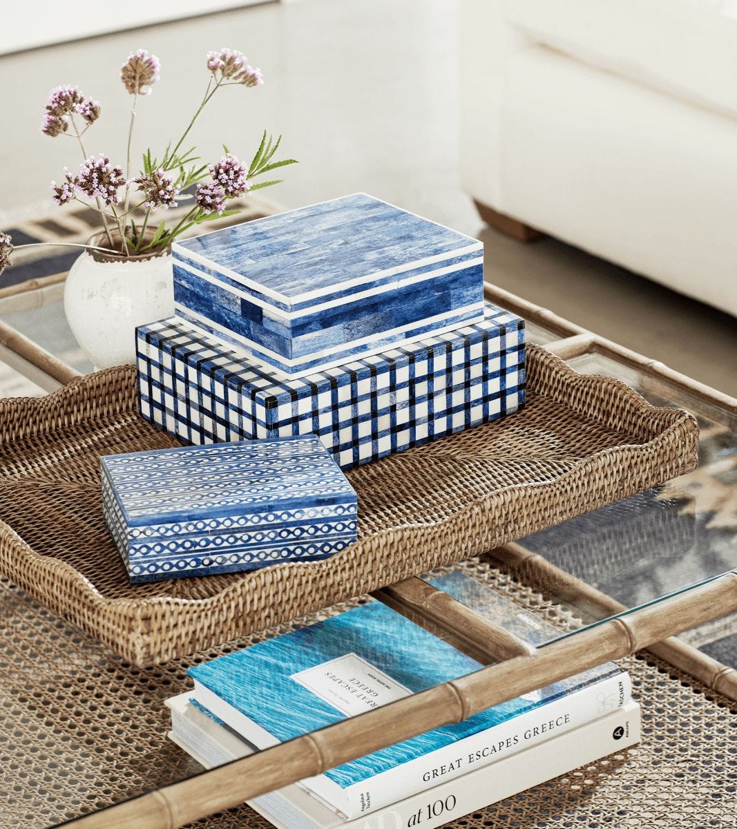 Talasa Rectangular Rattan Tray Vintage Gray OKA US