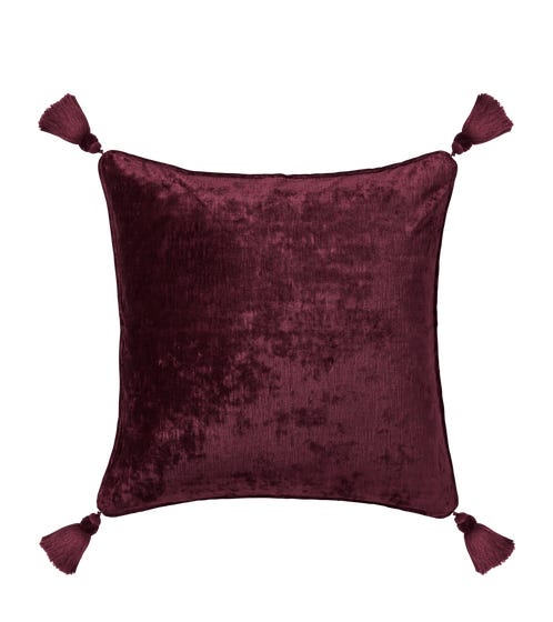 Textured Linen Velvet Pillow Cover with Tassels - Grape