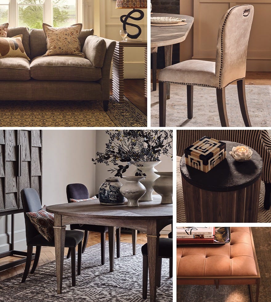 A collage of furniture essentials, including a linen sofa, leather dining chair and wooden dining table.