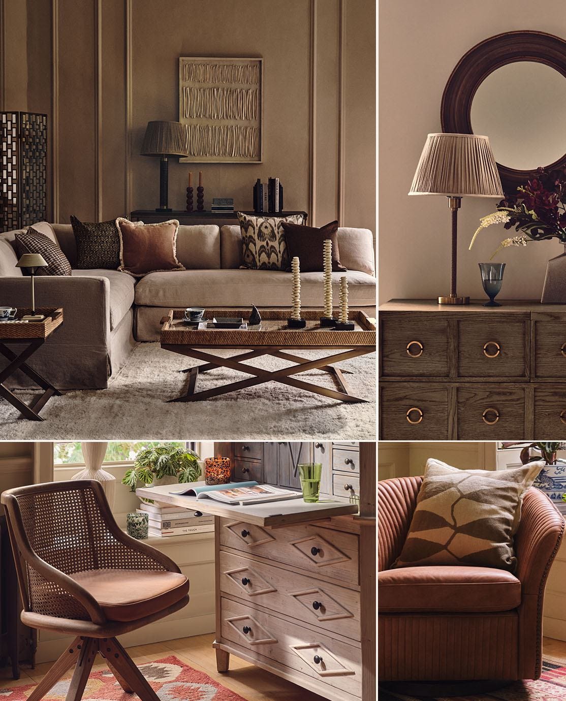 A collage of images showing a brown sitting room, a wooden sideboard, a desk chair and a brown armchair.