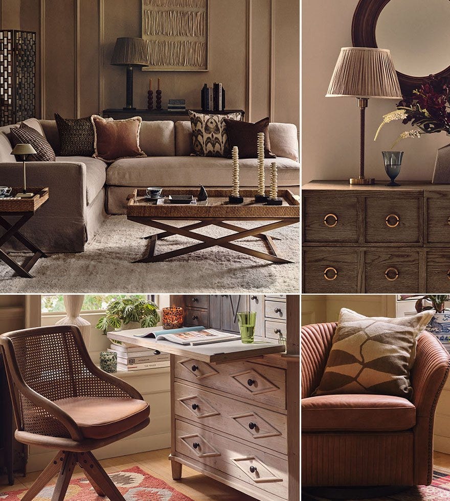 A collage of images showing a brown sitting room, a wooden sideboard, a desk chair and a brown armchair.