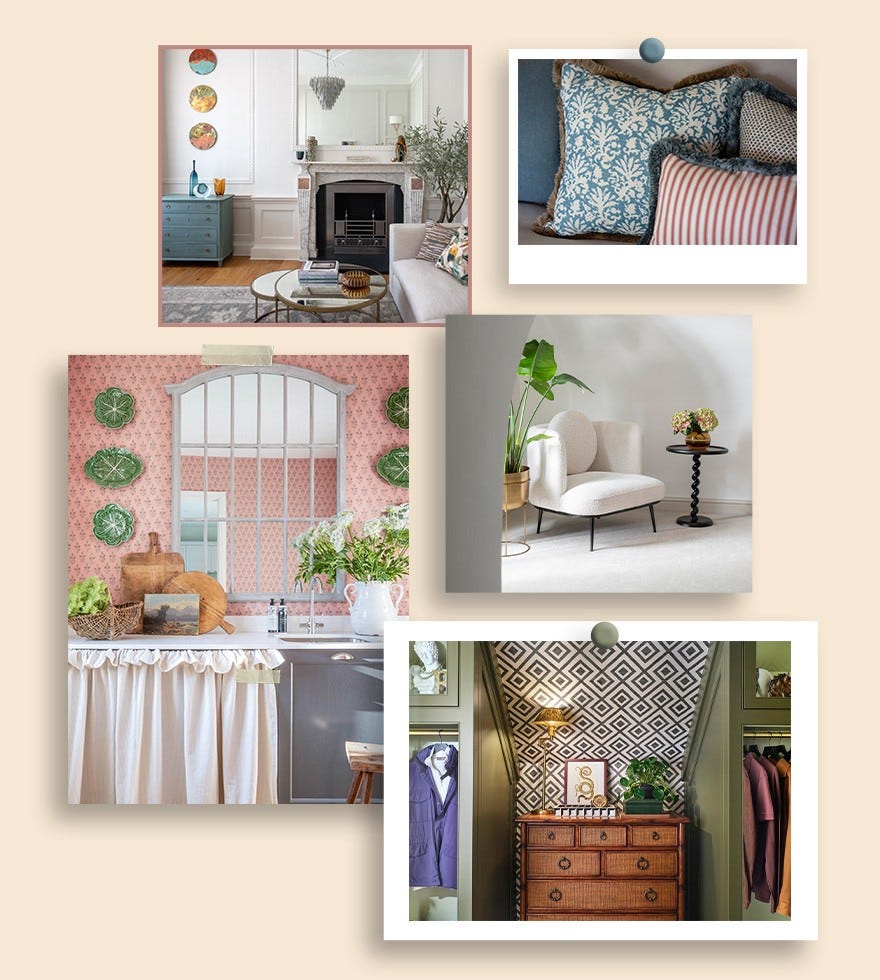 A collage of interior design images, including patterned pillows, white armchairs, and a marble fireplace. 