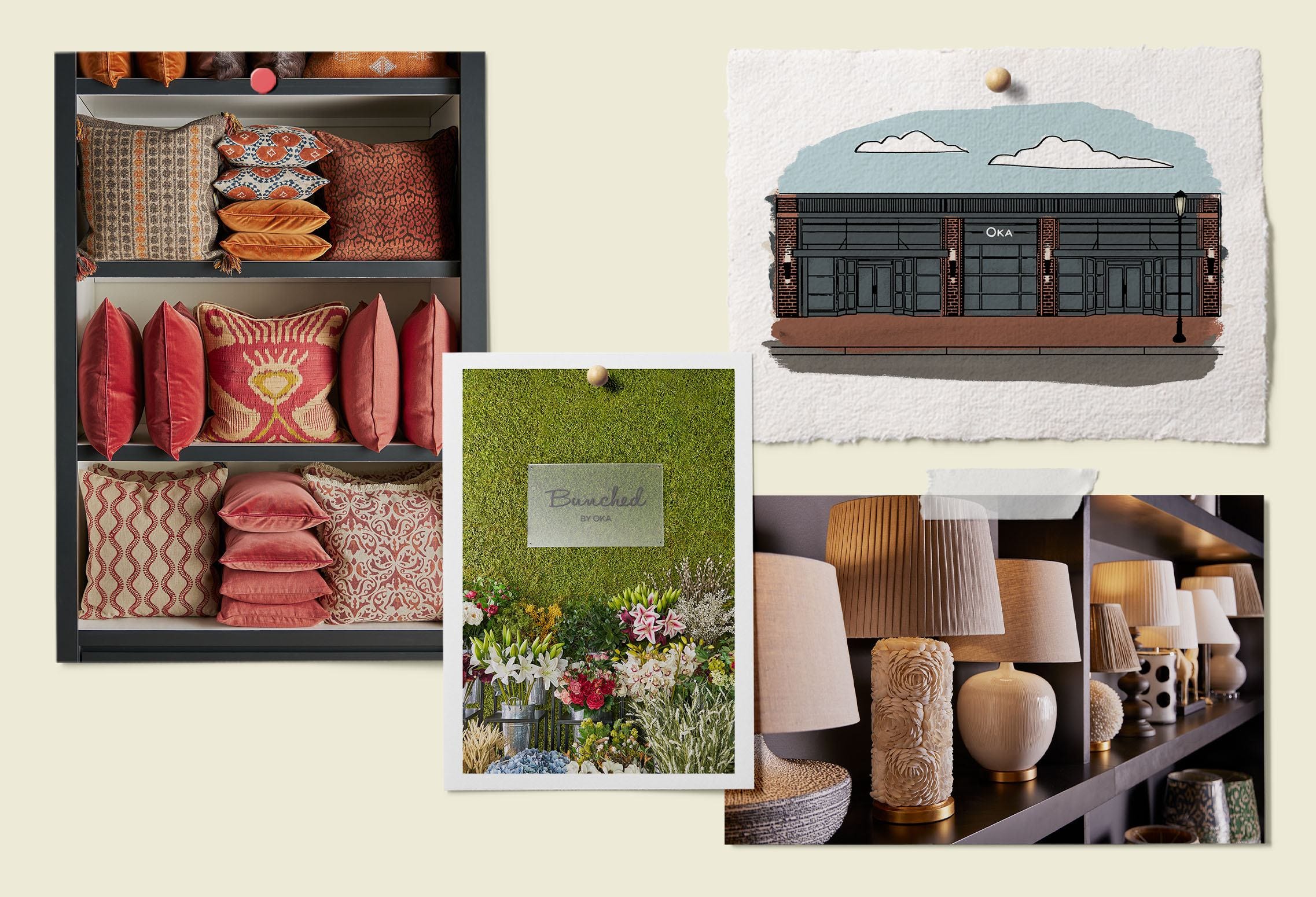 A selection of images showing an illustration of OKA Westport, a selection of cushions and some lamps on a shelf.