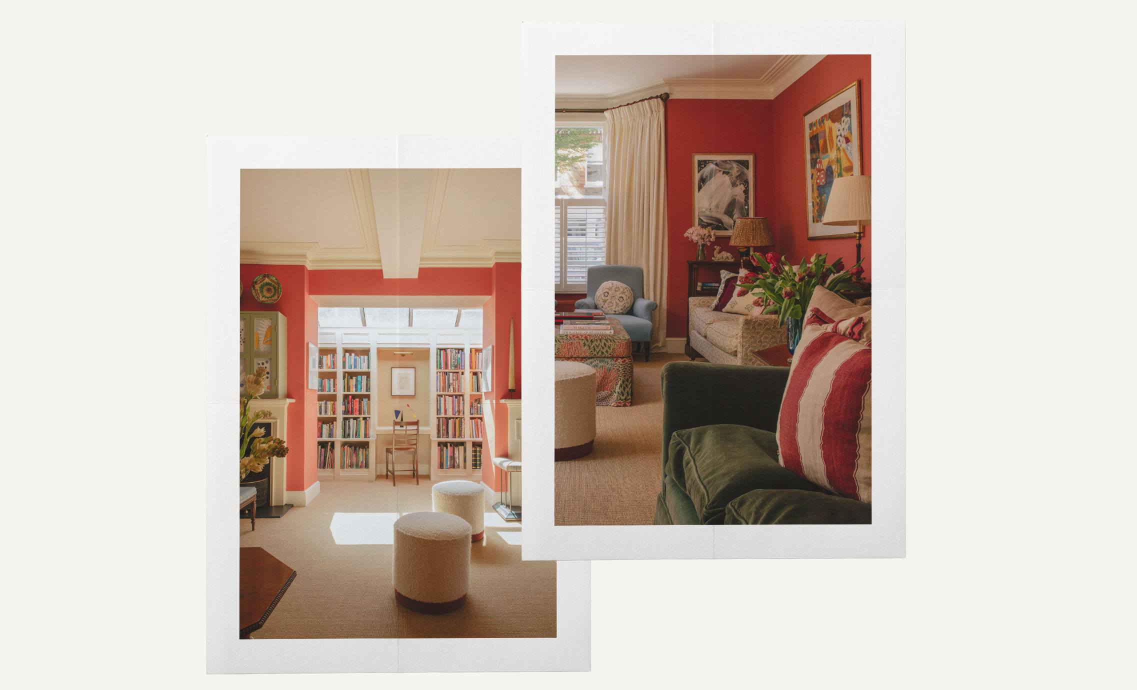 Two photographs of a red sitting room, with a cream rug, velvet green sofa and white ottomans.