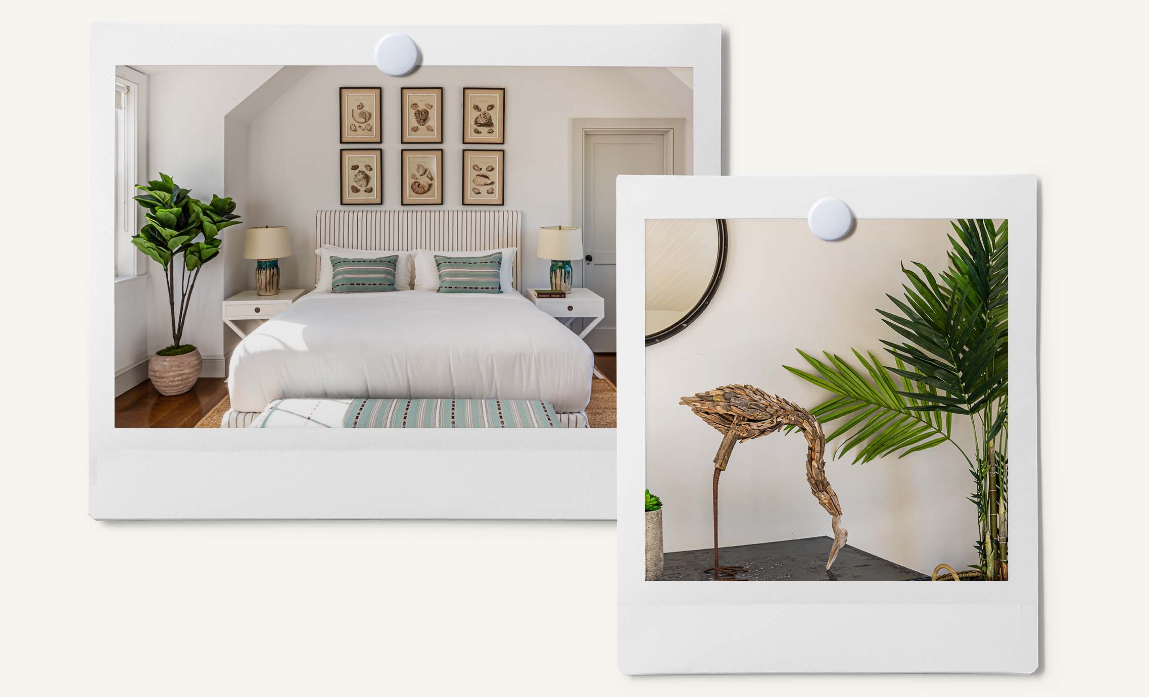 A light-filled bedroom in a vacation home, with seashell prints on the walls, a striped headboard and blue pillows..