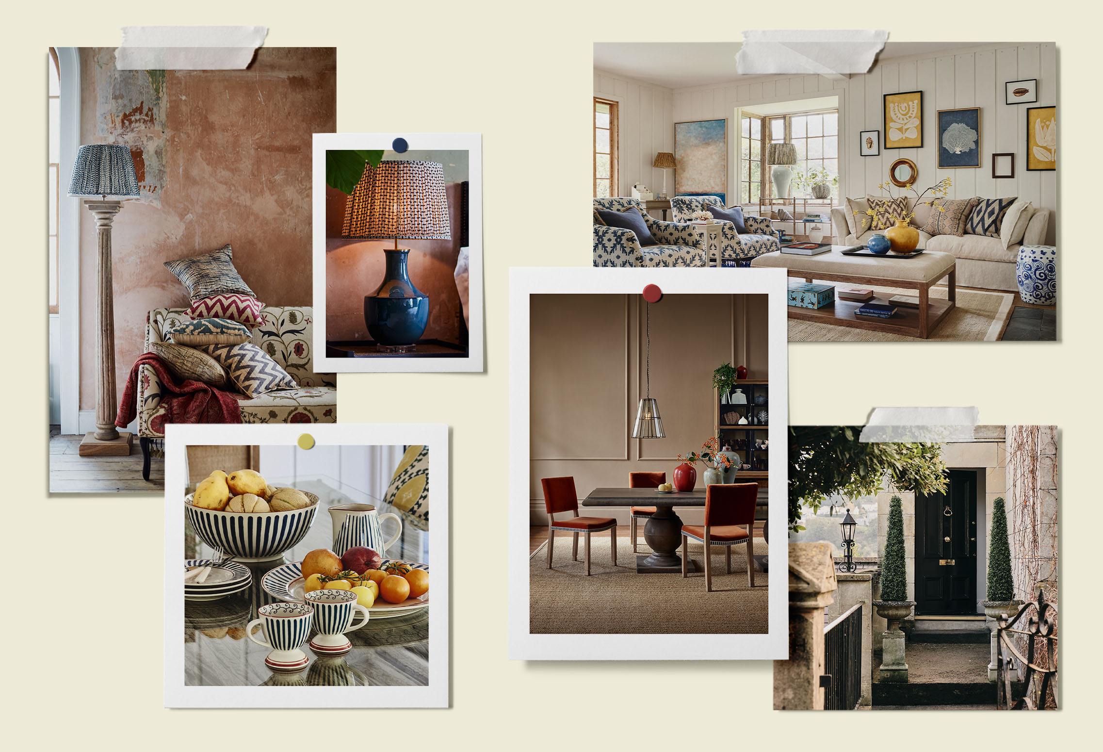 A selection of interior design looks, from a countryside kitchen to a townhouse dining room.