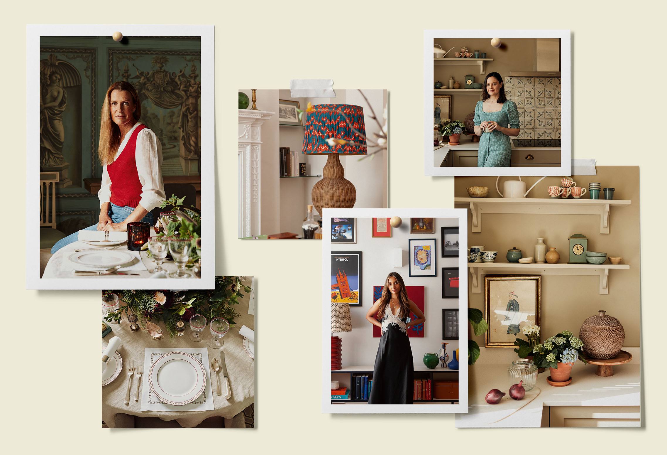 A selection of images showing India Hicks, Alice Grace and Eshita Kabra-Davies at home