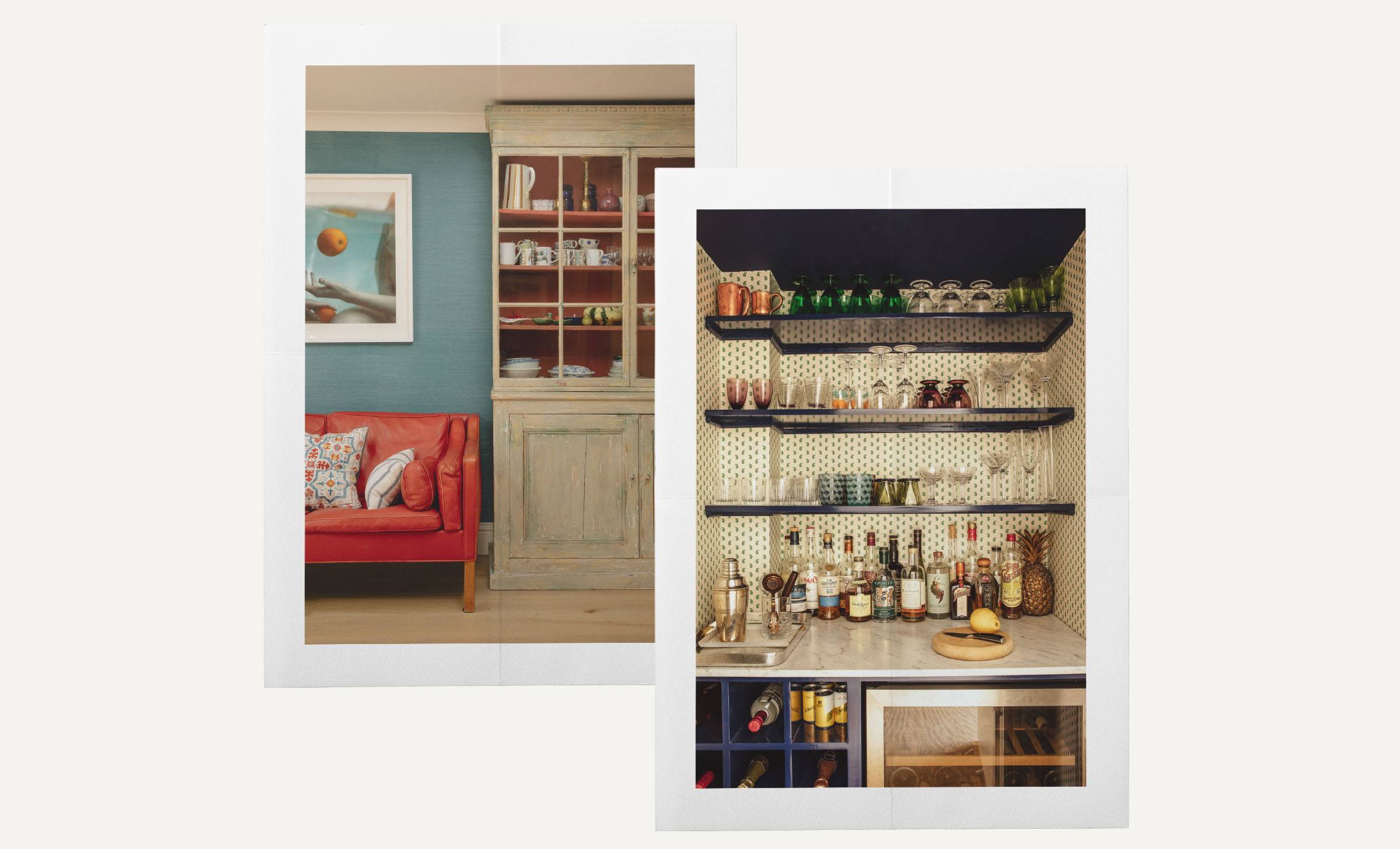 The photograph on the left shows a blue room with a red leather sofa, and a display cabinet. On the right is a home bar area with shelves of glassware and bottles.