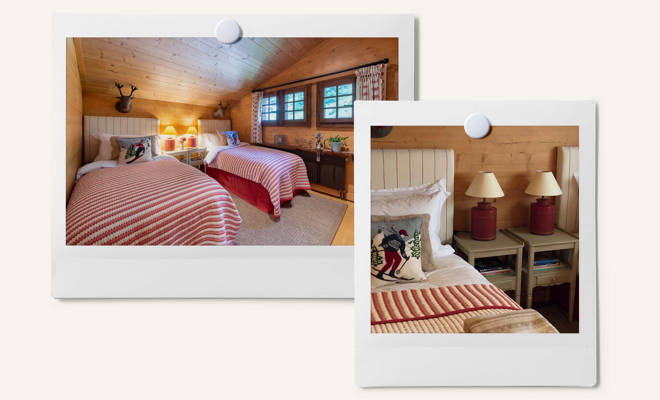 A cozy children's bedroom in a ski chalet. Twin beds are decorated with striped quilts and a novelty ski pillows..