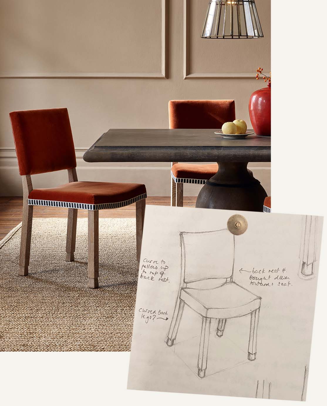 An orange velvet dining chair with a striped trim is pulled up to a wooden dining table. A sketch of the chair is layered over the corner of the image.