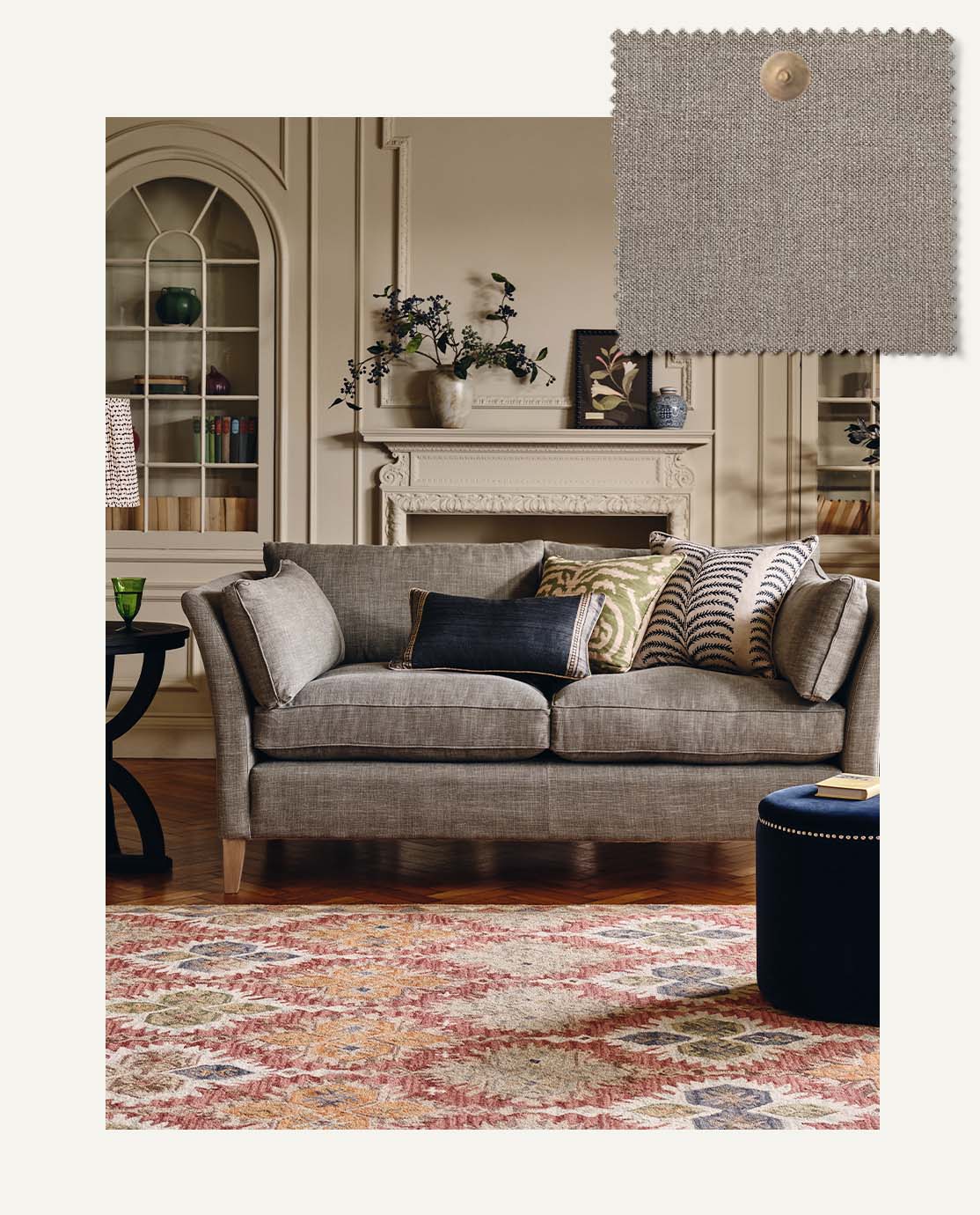 A colourful sitting room setting with a linen grey two-seater sofa. A swatch of the fabric has been overlaid on the image.