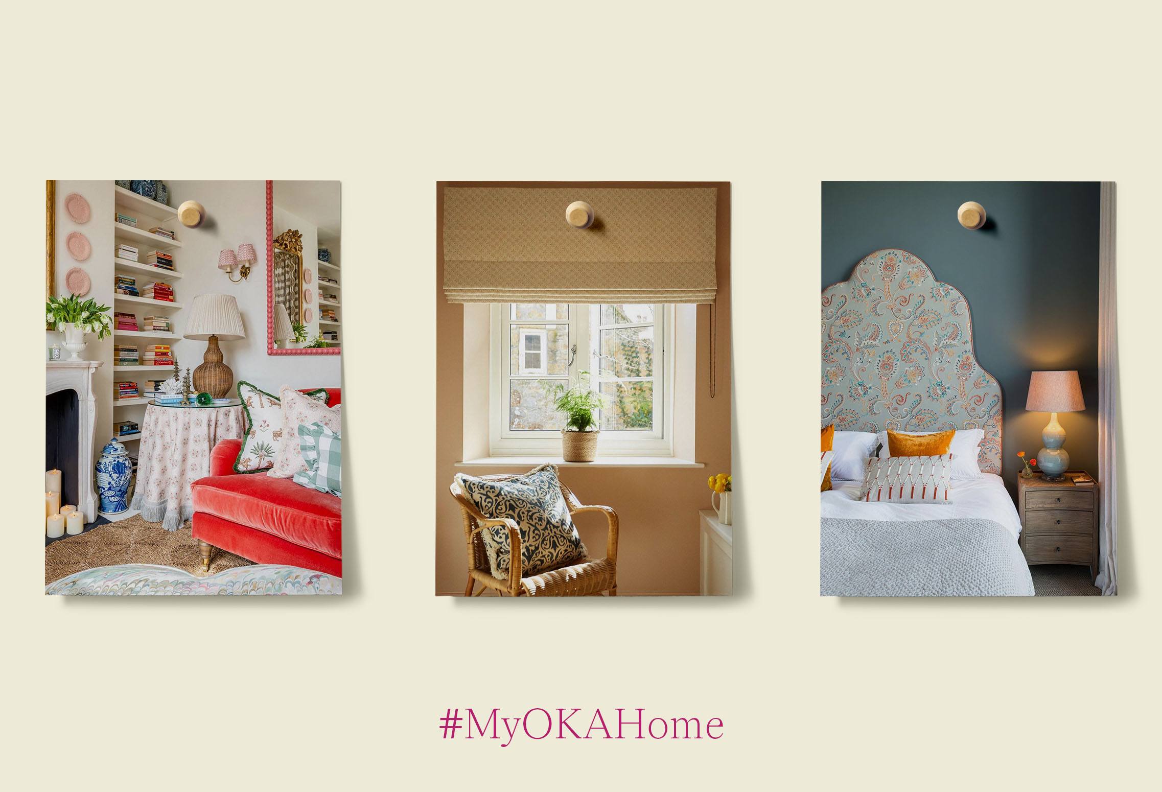 Three images showing OKA pieces in customer homes, from a rattan lamp to a blue printed pillow.