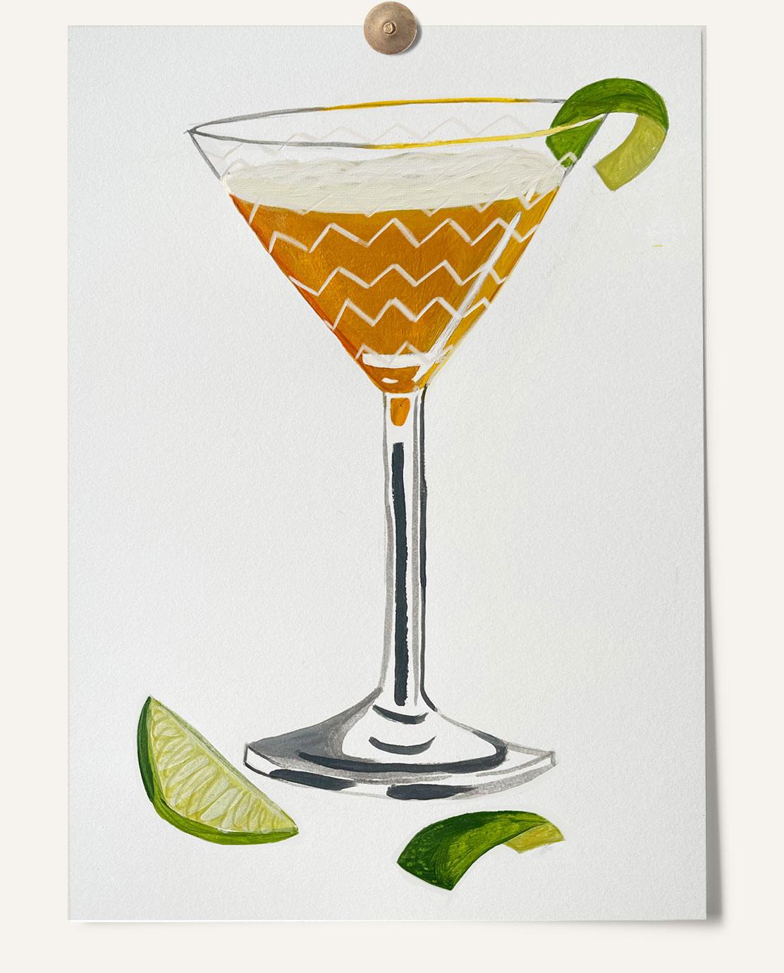 An illustration of an orange-colored cocktail in a striped martini glass, complete with ice, lime peel and a wedge of lime.