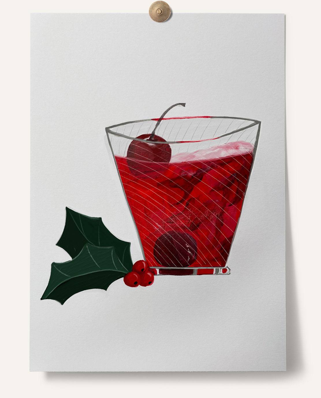 An illustration of a red cocktail in a tumbler glass, complete with ice, cherries and holly