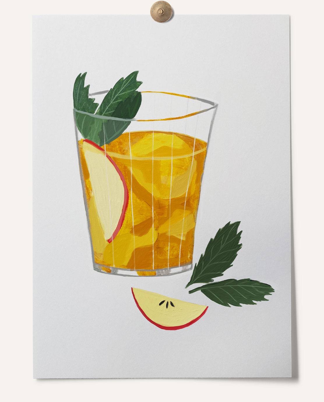 An illustration of an orange-colored cocktail in a tumbler glass, complete with ice, apple slices and mint leaves.